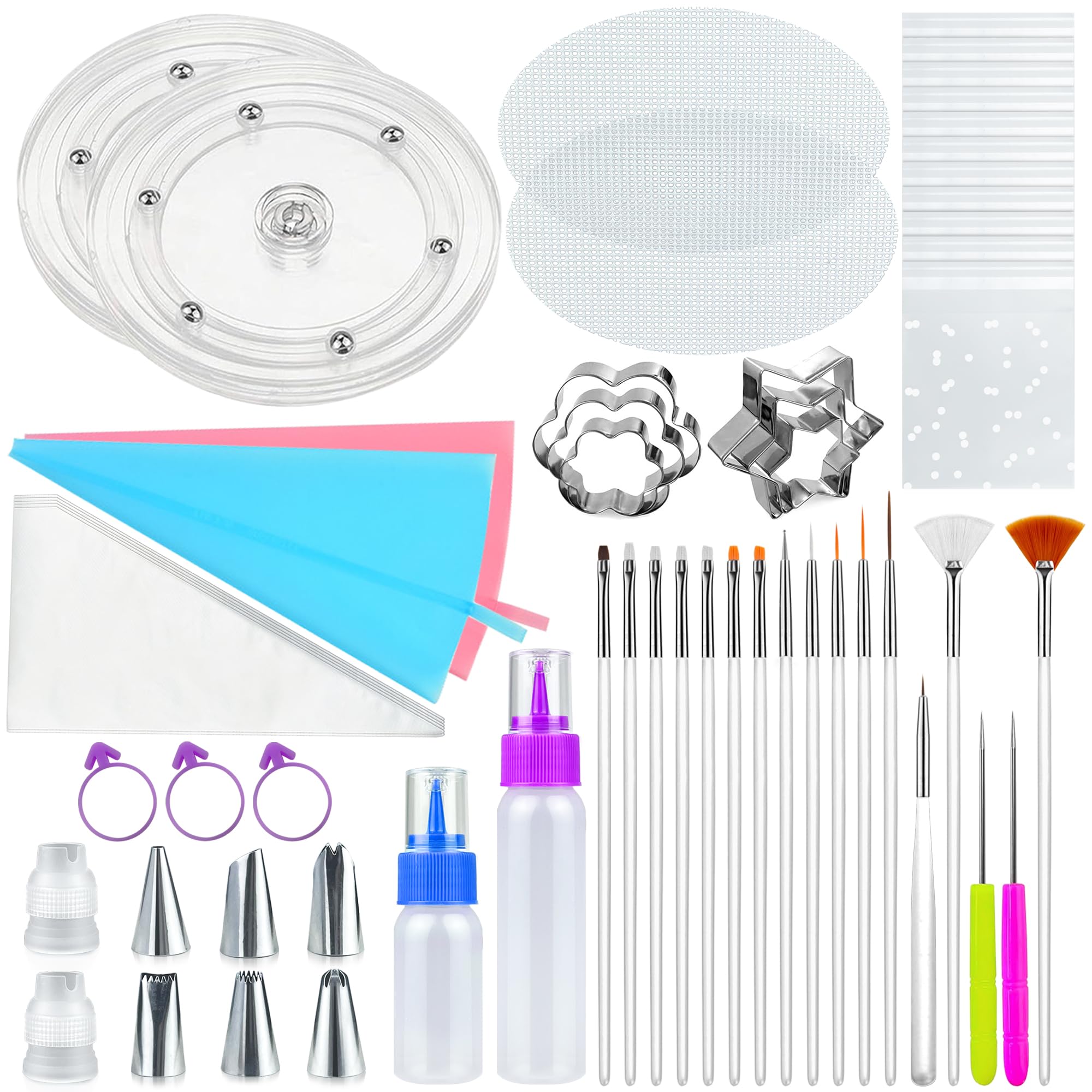 112 PCS Cookie Decorating Kit Supplies Including Acrylic Turntable Brushes Scribe Needle Bags Icing Bottle Cutter for Cookie Cupcake Cake Decoration