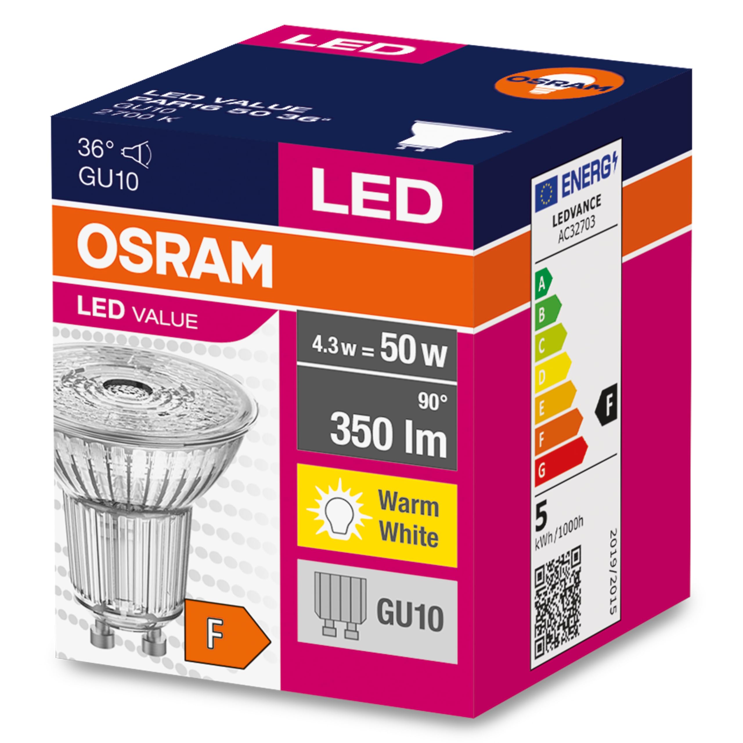 OSRAM LED Star Value reflektor PAR16 z kątem widzenia 36 stopni, trzonek GU10, 4,3 wata, ciepła biel (3000K), zastępuje konwencjonalne lampy punktowe o mocy 50 watów, opakowanie 1 szt.