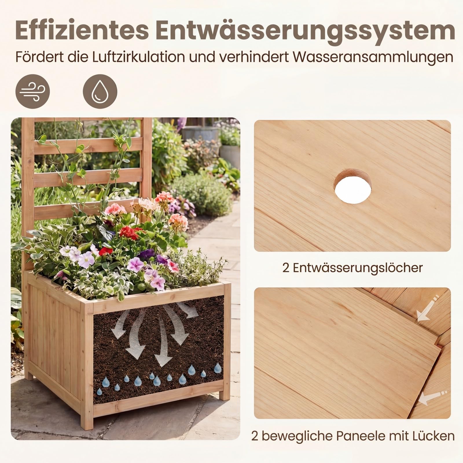 GOPLUS Blumenkasten mit Rankgitter, 123 cm Gartenbeet mit vertikalem Gitter, Abflussloch & tiefem Pflanzkasten, Hochbeet für Kletterpflanzen & Blumen, Blumenkübel Holz für Garten & Balkon (Natur)