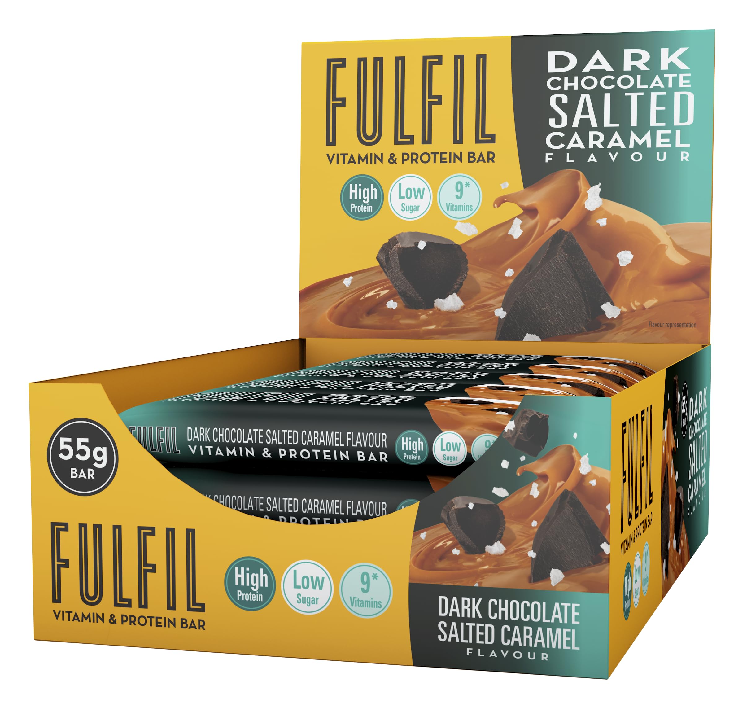 Fulfil Dark Chocolate Salted Caramel Flavour Bar, High Protein, 9 Vitamins, Low Sugar 15x55g