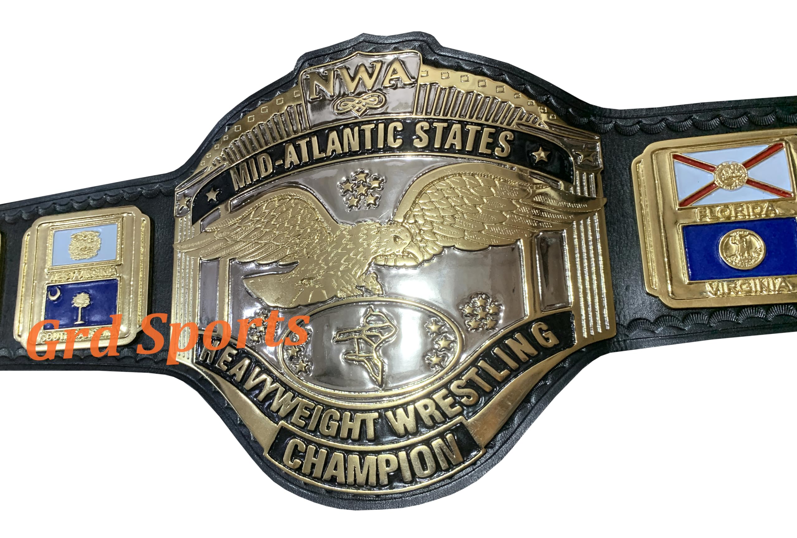 Grd Sports Mid Atlantic States Heavyweight Wrestling Championship Belt, 4mm Zinc Plated, Adult Size, Cowhide Leather Strap