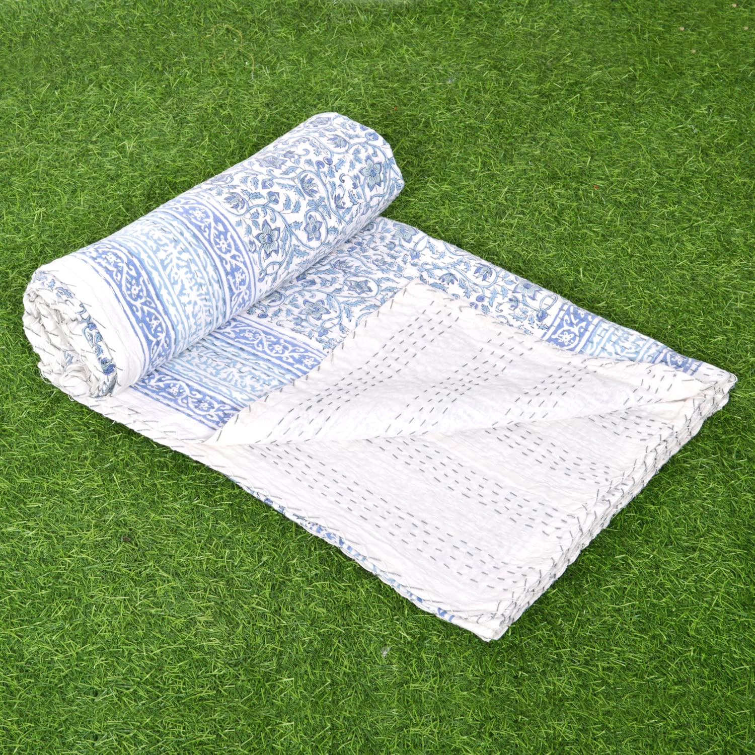 V Vedant Designs Hand Block Floral Print Kantha Quilt, Cotton Kantha Bed Cover, Indian Kantha Quilt,Twin Kantha Bedspread, Handmade Kantha Coverlet Blanket (Block 04)