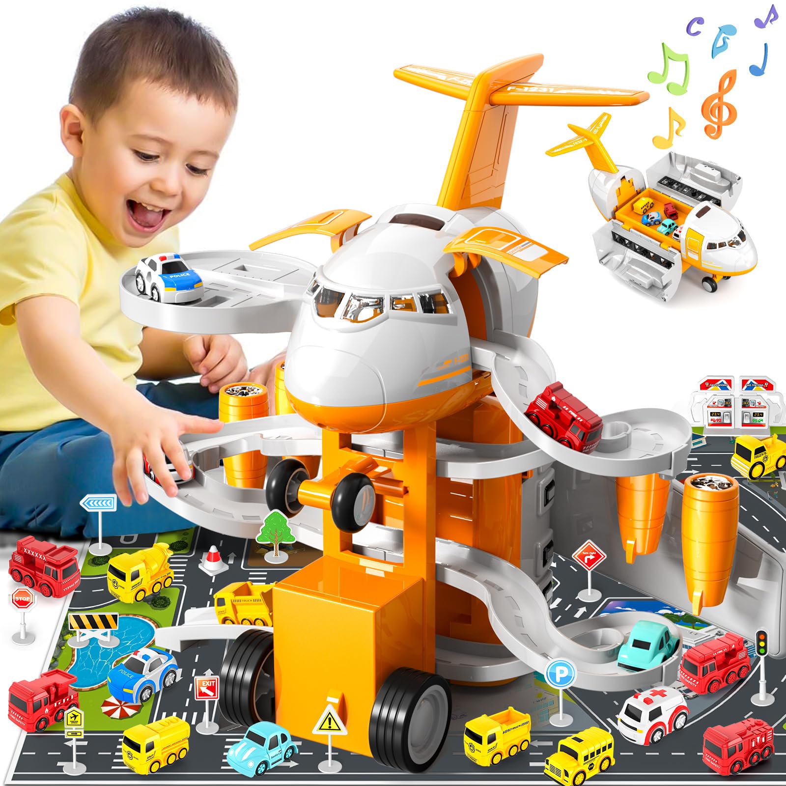 City Ultimate Airplane Garage - Multi-Level Track Playset with 12 Cars Airplane Set​, Garage Parking Lot Playmat, Gift for Collectors & Kids Ages 3 Years Old