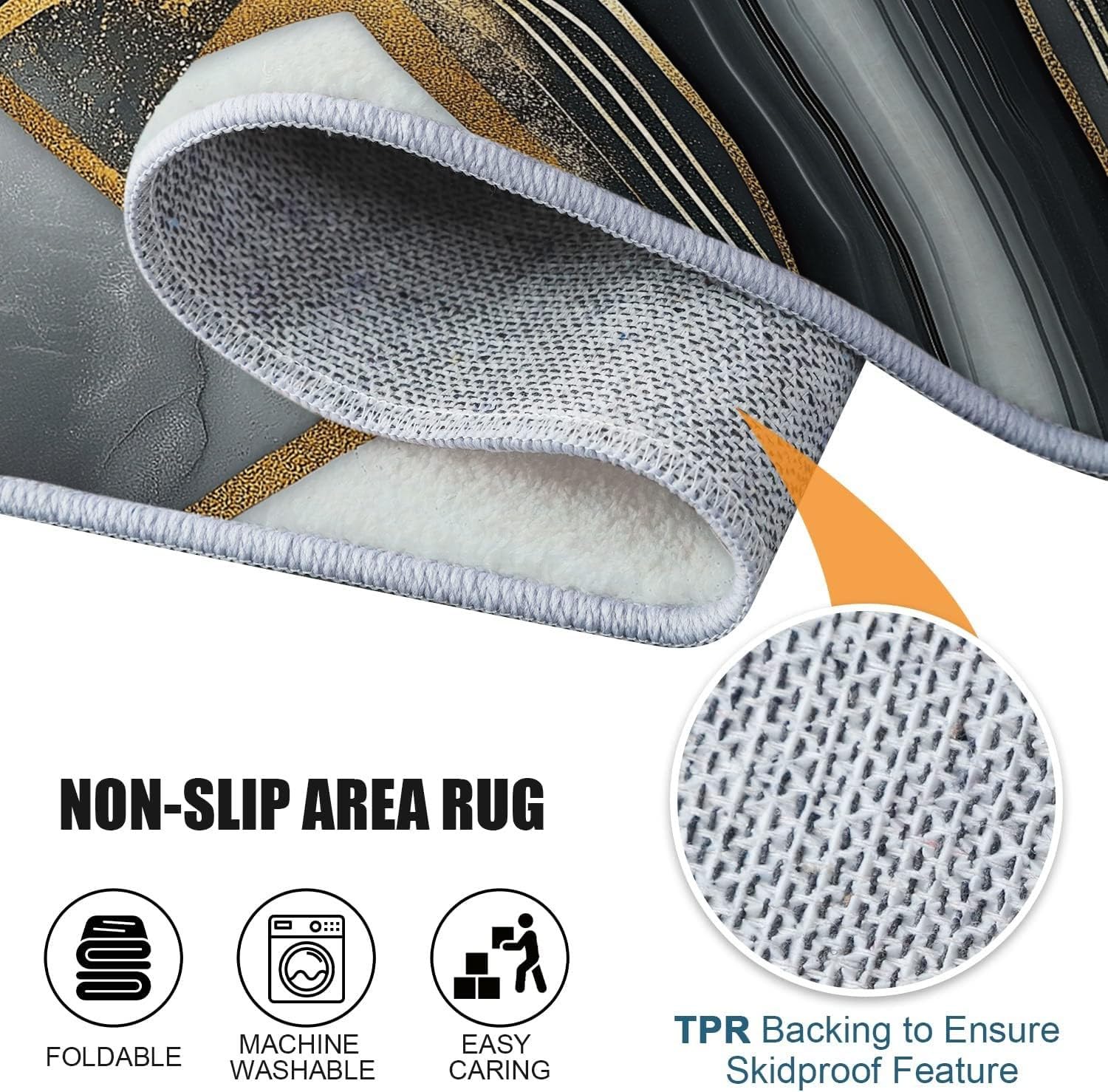 Tapis Moderne Agate Géométrique imprimé pour Salon, Gris Or Tapis Poil Ras Doux et antidérapant Design Moderne Lavable, décoration intérieure, 120 x 170 cm