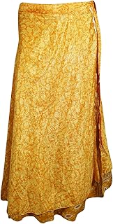 Women's Wrap Skirt Printed Recycle Sari Bohemian Yellow Dresses One Size