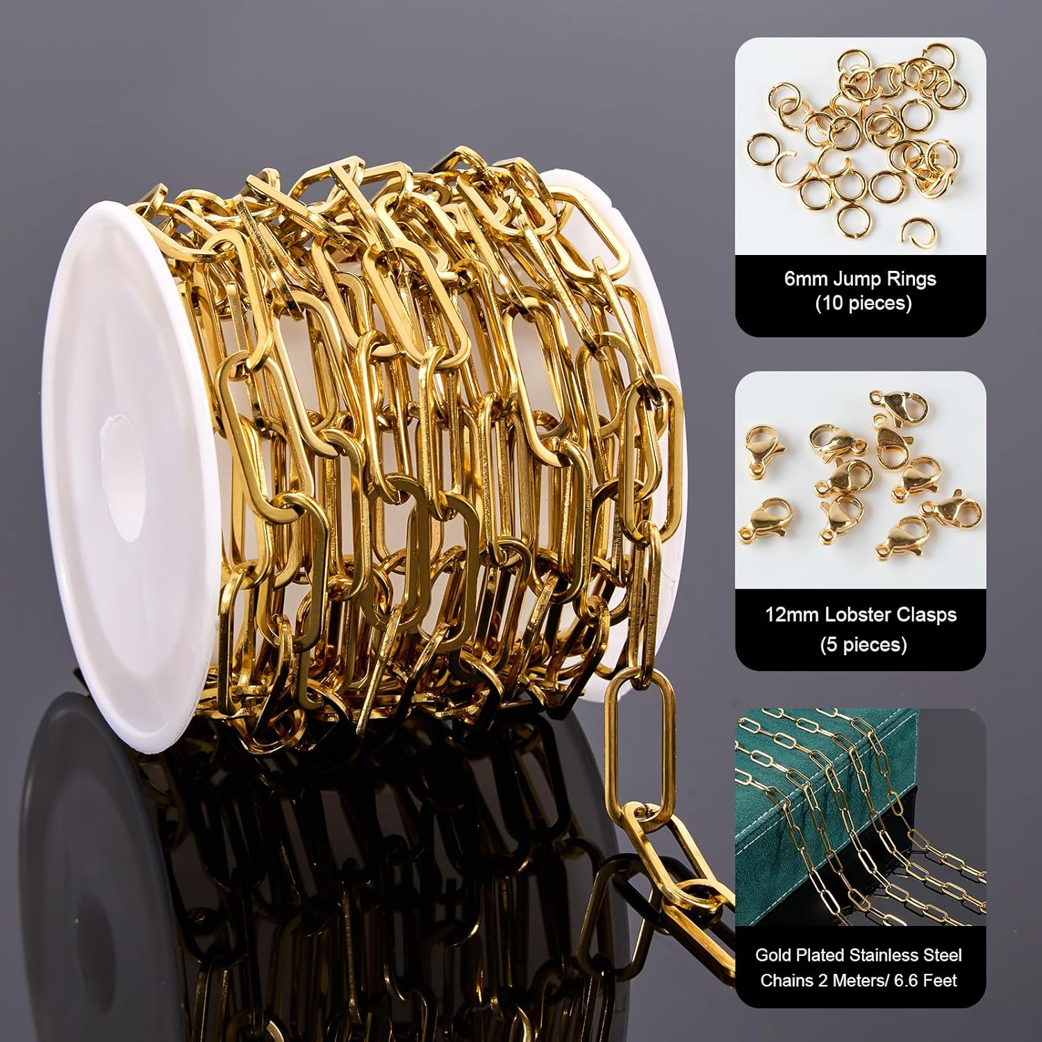 UMAOKANG 6.6 Feet Paperclip Chain for Jewelry Making Gold Plated Stainless Steel Bulk Chain on Spool - Image 2