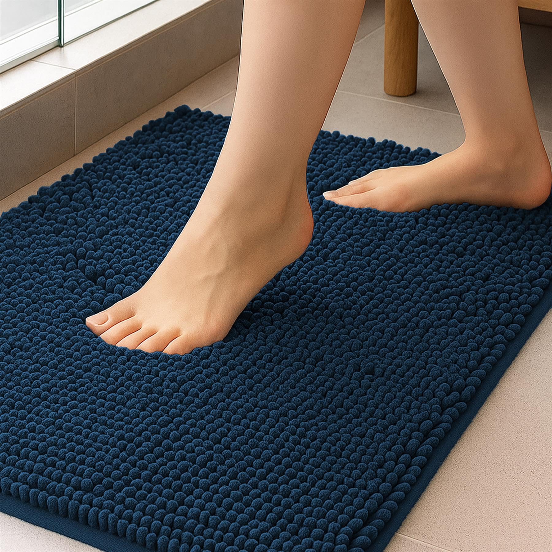 K Collection Luxury Chenille Bath Mat, Extra Soft and Absorbent Shaggy - Non Slip Machine Washable Bathroom Mats – Navy 40x60cm