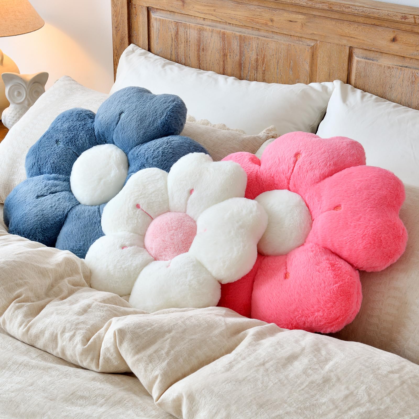 Almohada en forma de flor, bonitas almohadas decorativas con suave piel de conejo artificial para sofá, cama, silla, suelo, almohada de Navidad con decoración de habitación para dormitorio (14.9