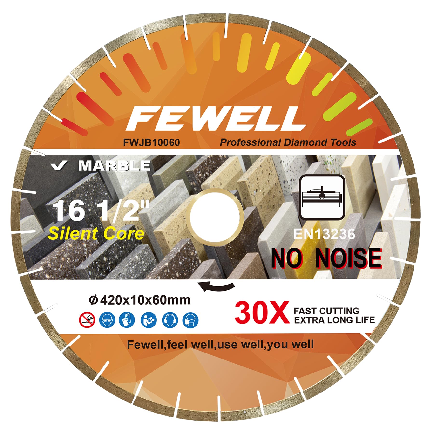 FEWELL Diamentowa tarcza do cięcia marmuru 420 mm, cicha tarcza diamentowa 10 mm segment diamentowa brzeszczot piły 60 mm trzpień z pierścieniem 50 mm