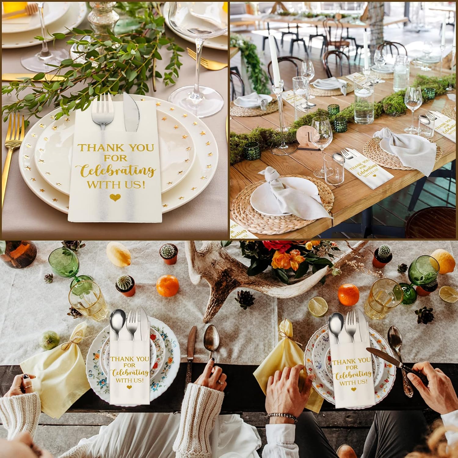 Fuutreo 100 Pcs Wedding Linen Feel Napkins Pocket Disposable Flatware Airlaid Paper Absorbent Dinner Napkins for Wedding Shower Engagement Party Decorations(Gold)