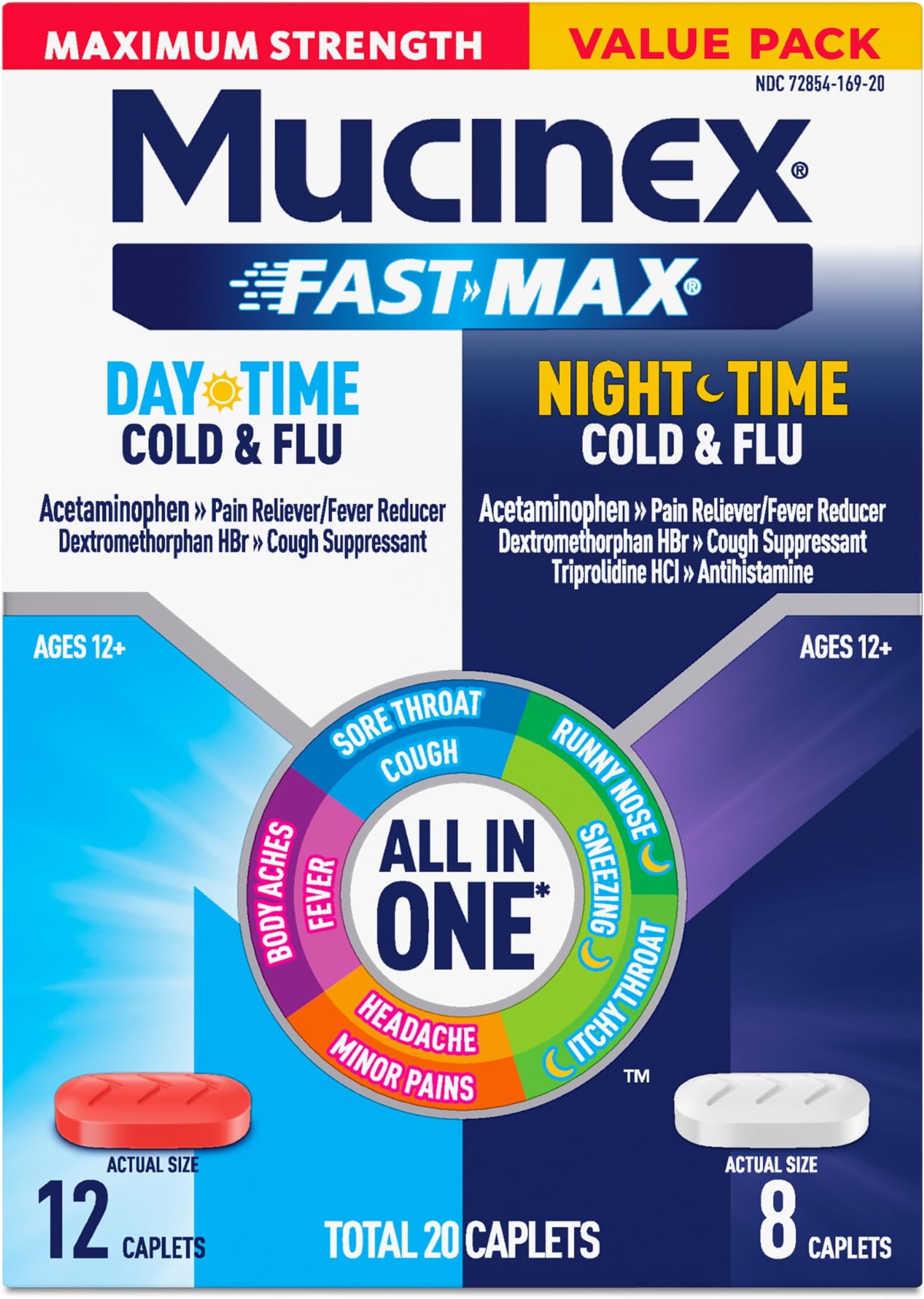 Fast-Max Maximum Strength Day & Night Cold and Flu Medicine for Adults, Powerful Over-the-Counter Medication for Cold & Flu Symptoms, Fast Release Caplets, 20 Count