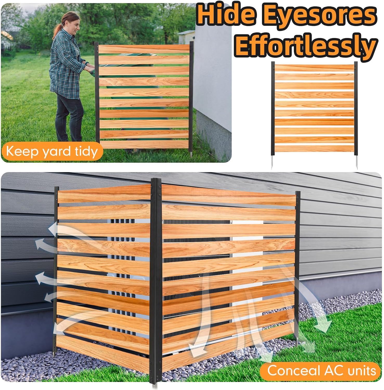 Novabright 42" H x 38" W Outdoor Privacy Fence with Ground Stakes, Metal & Wood Privacy Fence Panels Freestanding Decorative Panel Wall for Air Conditioner Trash Can Pool Equipment Enclosure