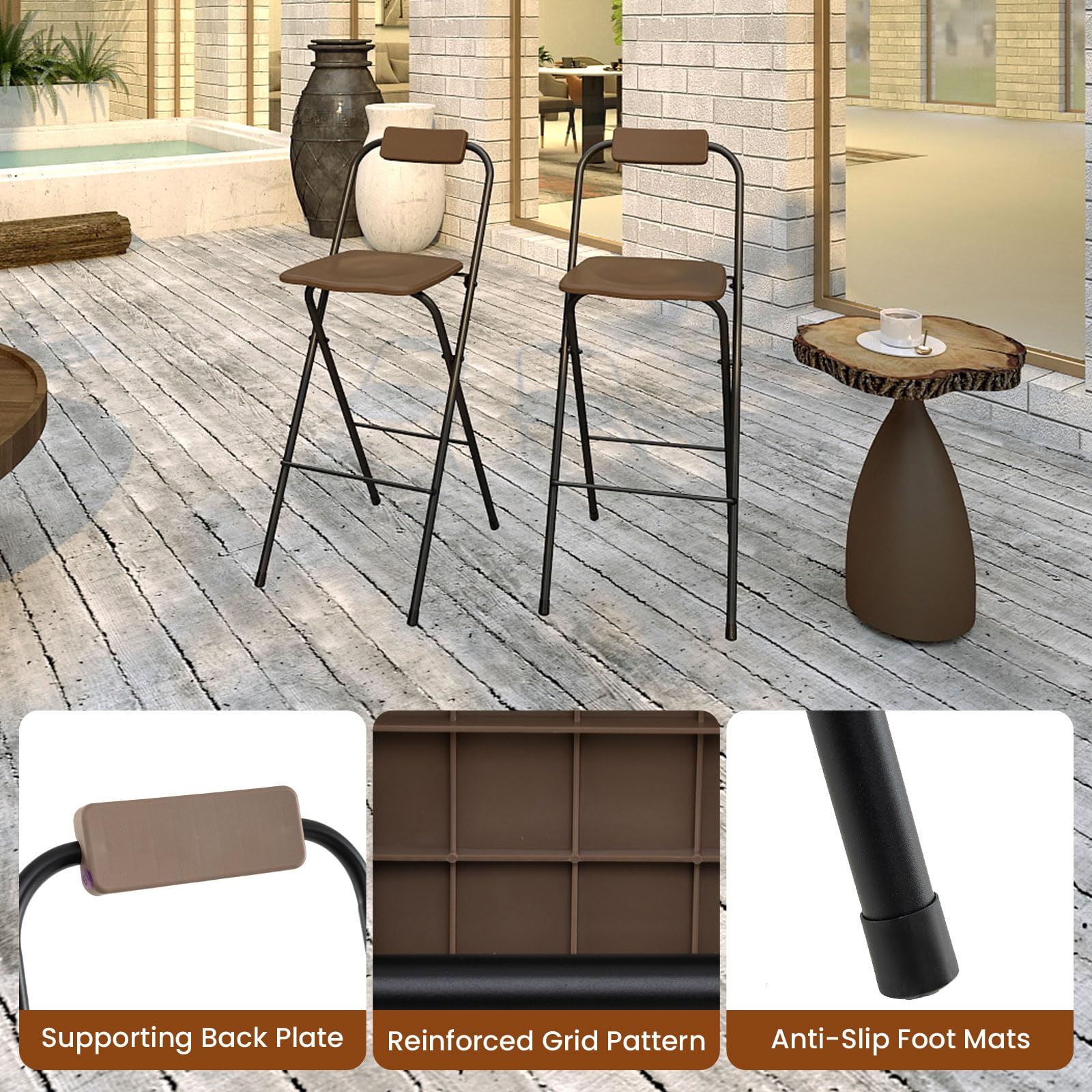 GIANTEX Set di 2 Sgabelli da Bar Pieghevoli, Sedie per Esterni con Schienale Inclinabile, Seduta Curvata e Poggiapiedi, Sgabelli Alti con Struttura in Metallo per Balcone, Terrazza, Giardino (Marrone)