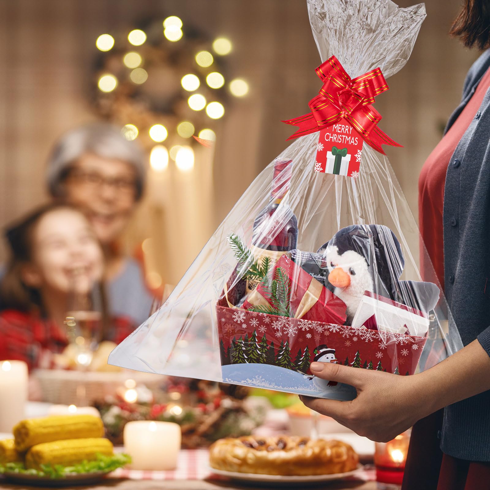 Cholemy Cesta grande de Navidad de 12 x 10 pulgadas para regalo vacío, kit de cesta de cartón kraft resistente con asas, juego de cestas de regalo con bolsas de cesta, lazos rojos, tarjeta de Navidad
