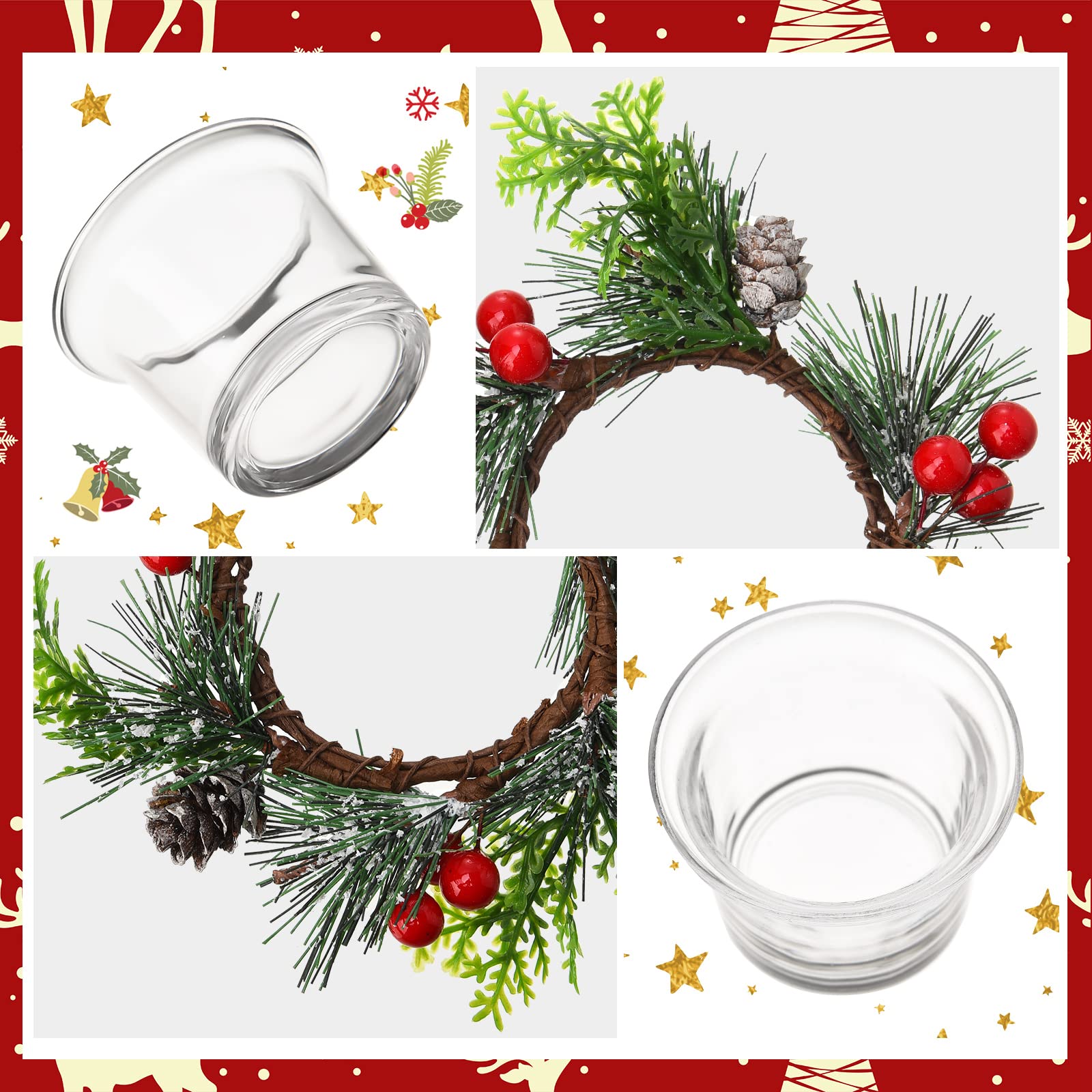 Juego de 12 portavelas votivos de Navidad que incluye 4 anillos de vela de bayas de Navidad, 4 portavelas decorativos de cristal, 4 velas votivas blancas para boda, cumpleaños, vacaciones