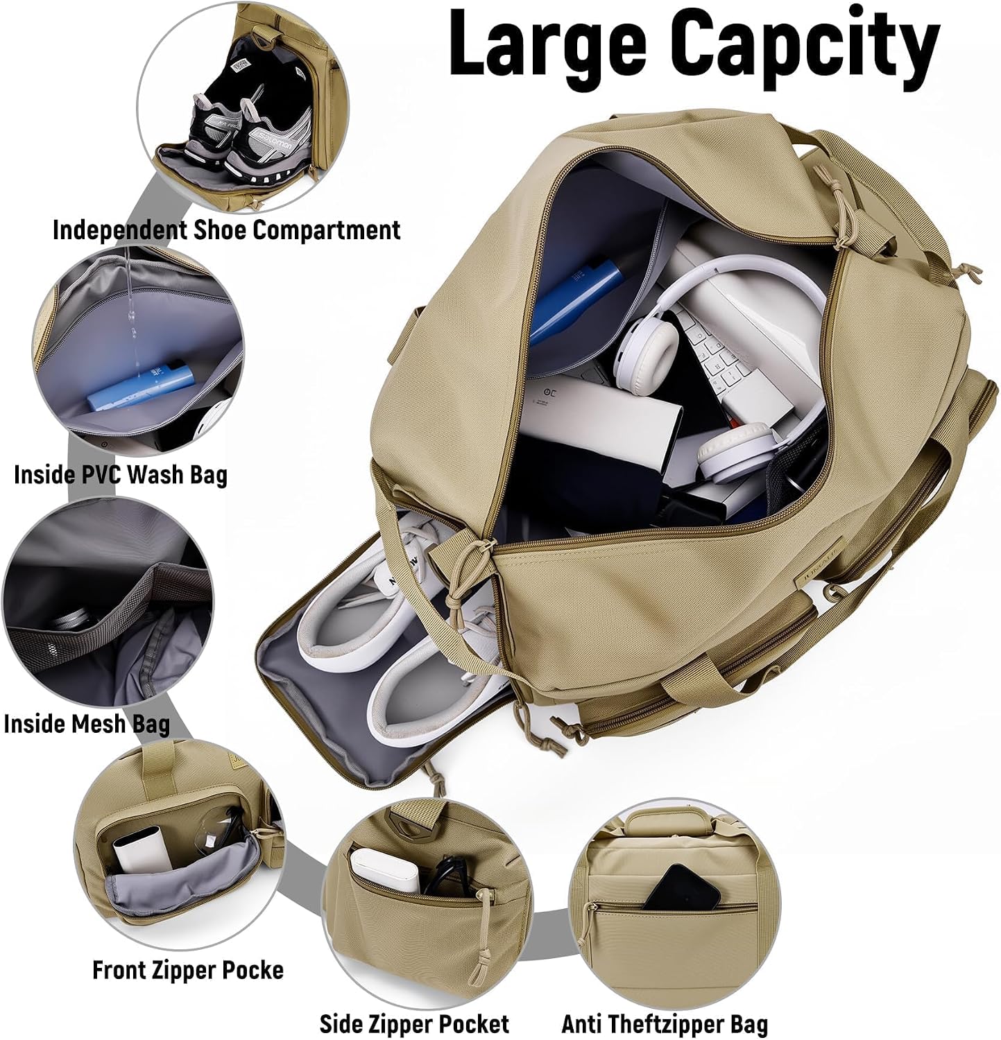 JUMAHE Duffle Bag for Men Women, Gym Bags & Tactical Duffle Bag with Shoe Compartment, Weekender Overnight Bag for Travel Workout, Khaki