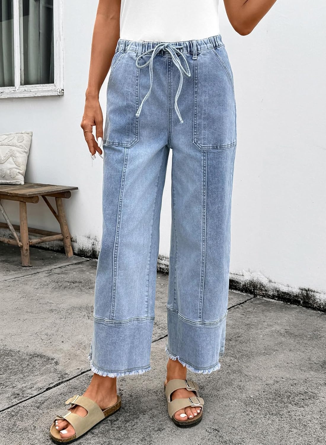 SHEWIN Women's Wide Leg Jeans High Waisted Baggy Jeans Stretchy Drawstring Denim Pants - Image 9