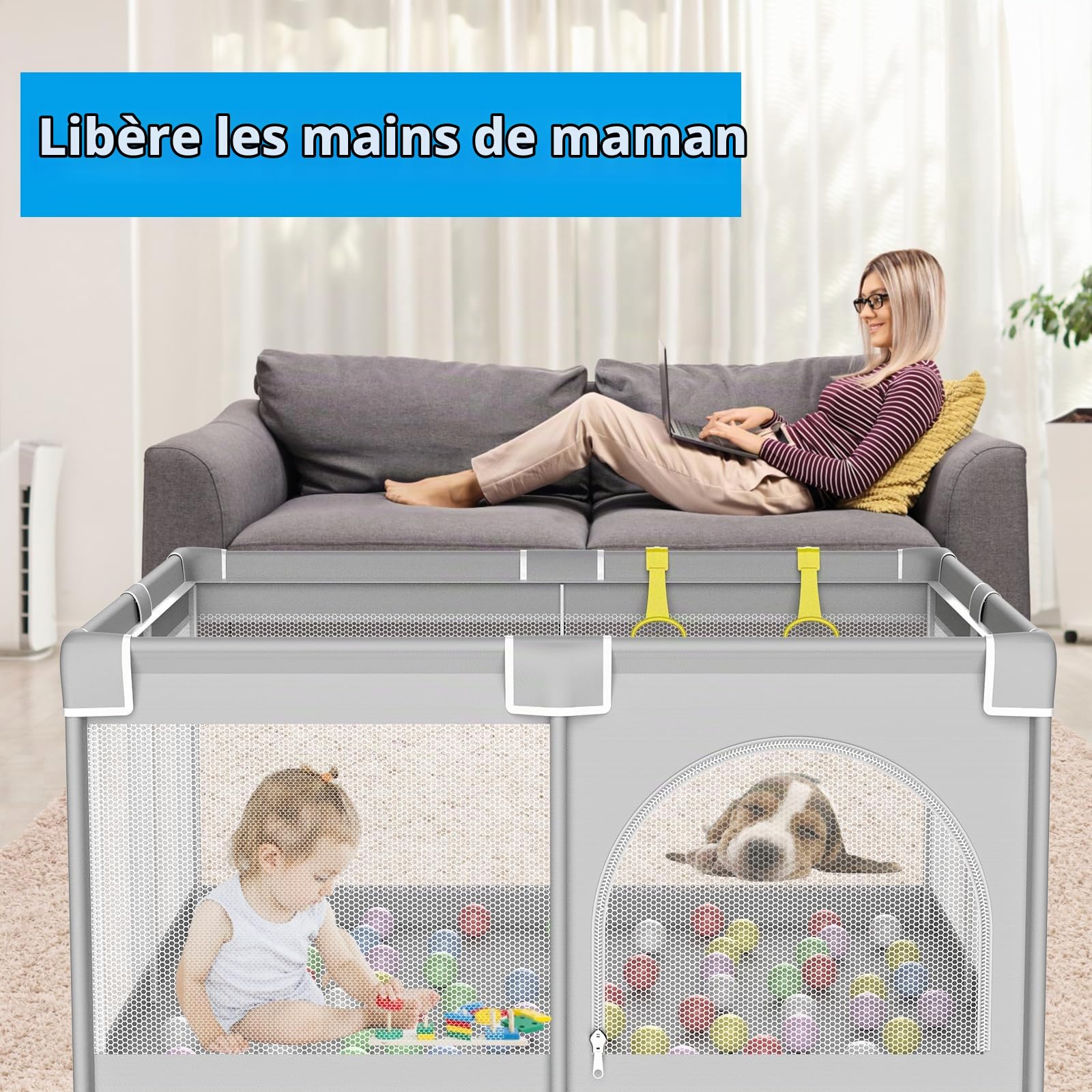 Parc Bebe, 125cm Parc Bébé Pliable avec Maille Douce Respirante, Parc Enfant avec Base Antidérapante et Porte Zippée, Espace d'activités pour Enfants Intérieure et Extérieure, de 0 à 6 Ans