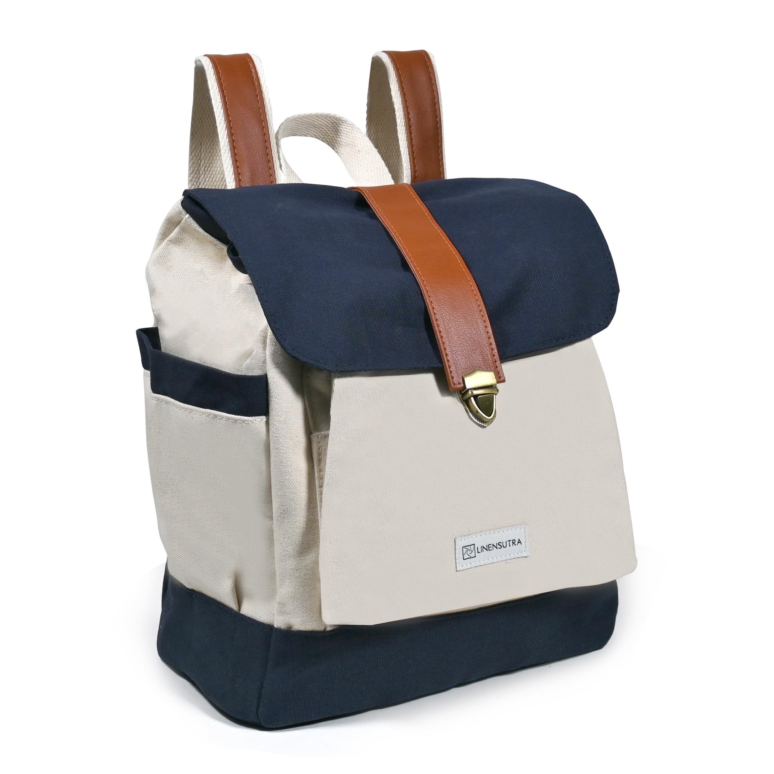 Canvas Daypack Drawsting Flip Cover Backpack for Women/Girls White and Navy Blue Color Medium Size Suitable for Travel/Office/College-image-1