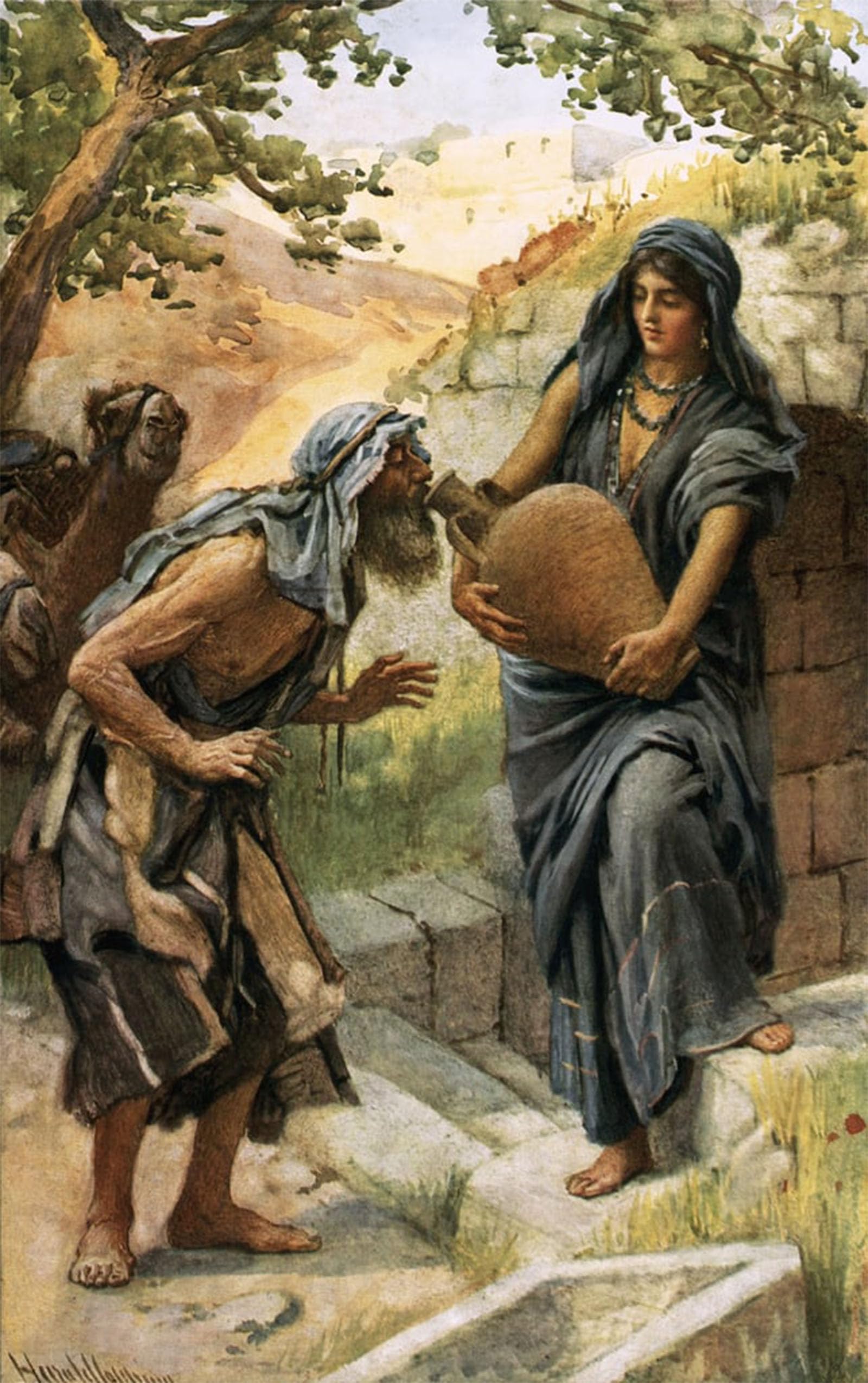 POSTERIIk Vintage Classic Picture Landscape Artwork Rebekah At the Well by Harold Copping Portrait Canvas Painting for Office Home Decor 60x90cm