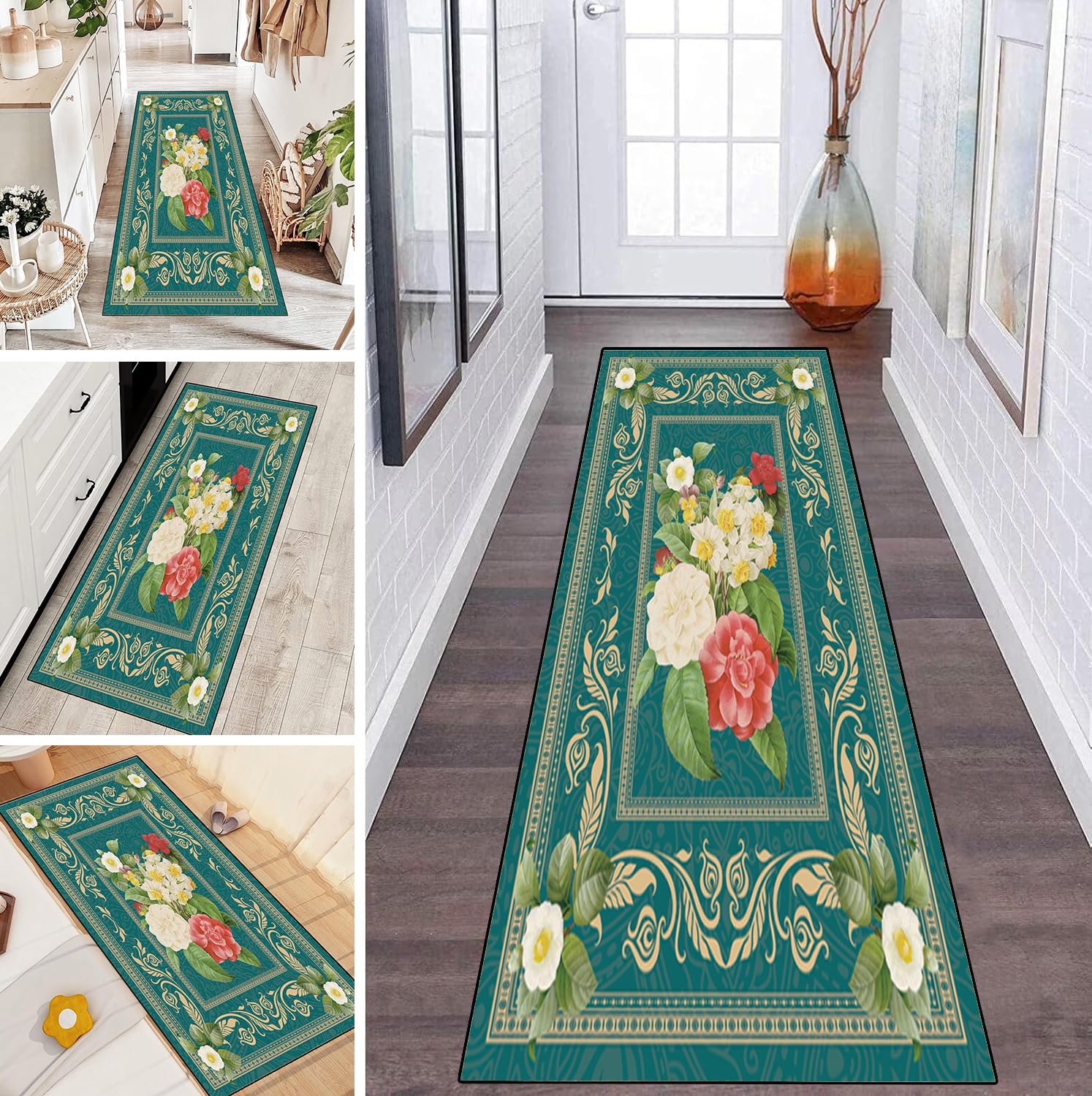 Teppich Läufer Flur Teppichläufer Küchenläufer Küche Teppiche rutschfest Waschbar Bettvorleger für Flur Waschküche, 100x450cm Weiße rote Blumen