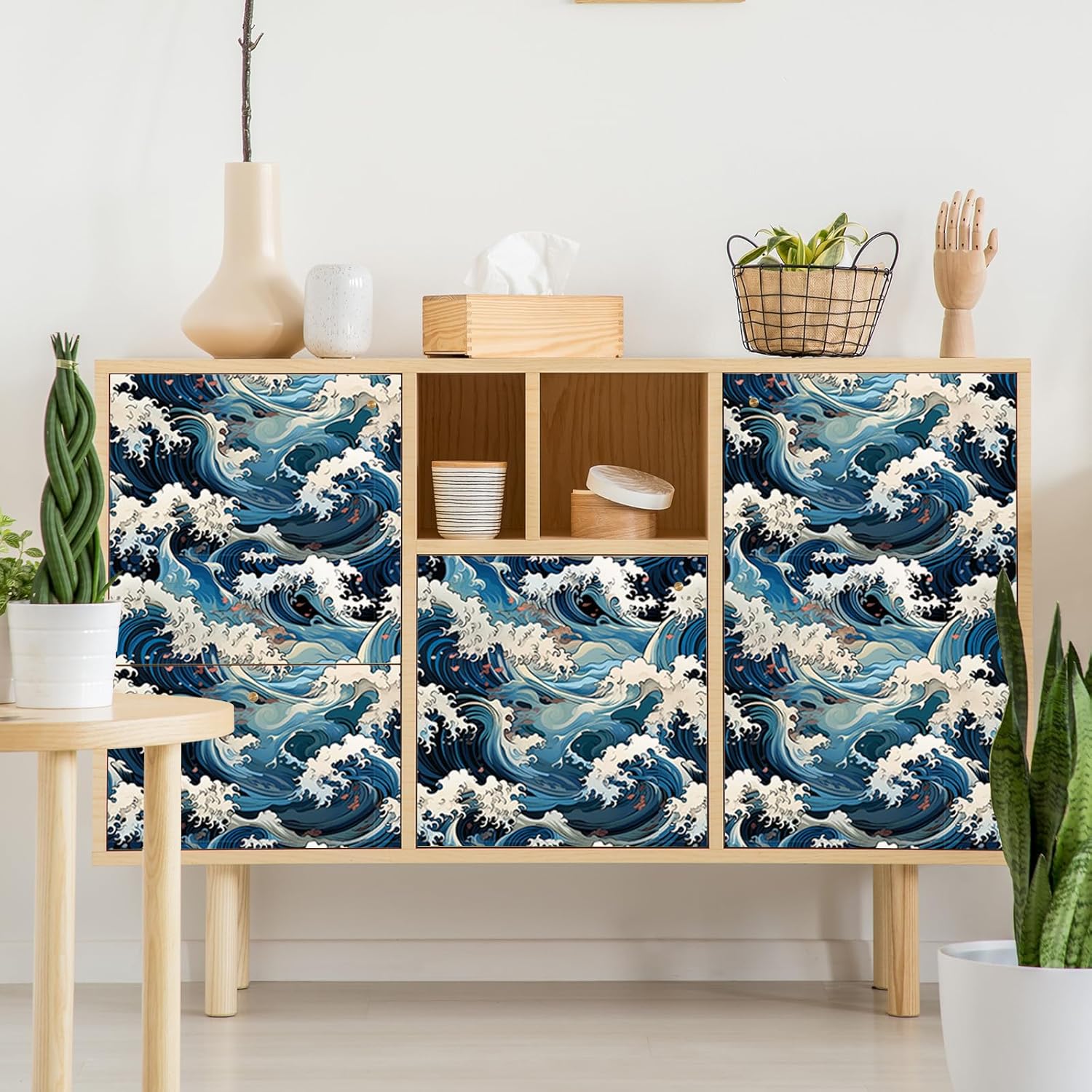 Vinatge Janpanese Sea Wave Blue/Yellow Mosaic Peel and Stick Wallpaper Self Adhesive Wall Paper for Kitchen Cabinet Renter Friendly 29sq.ft