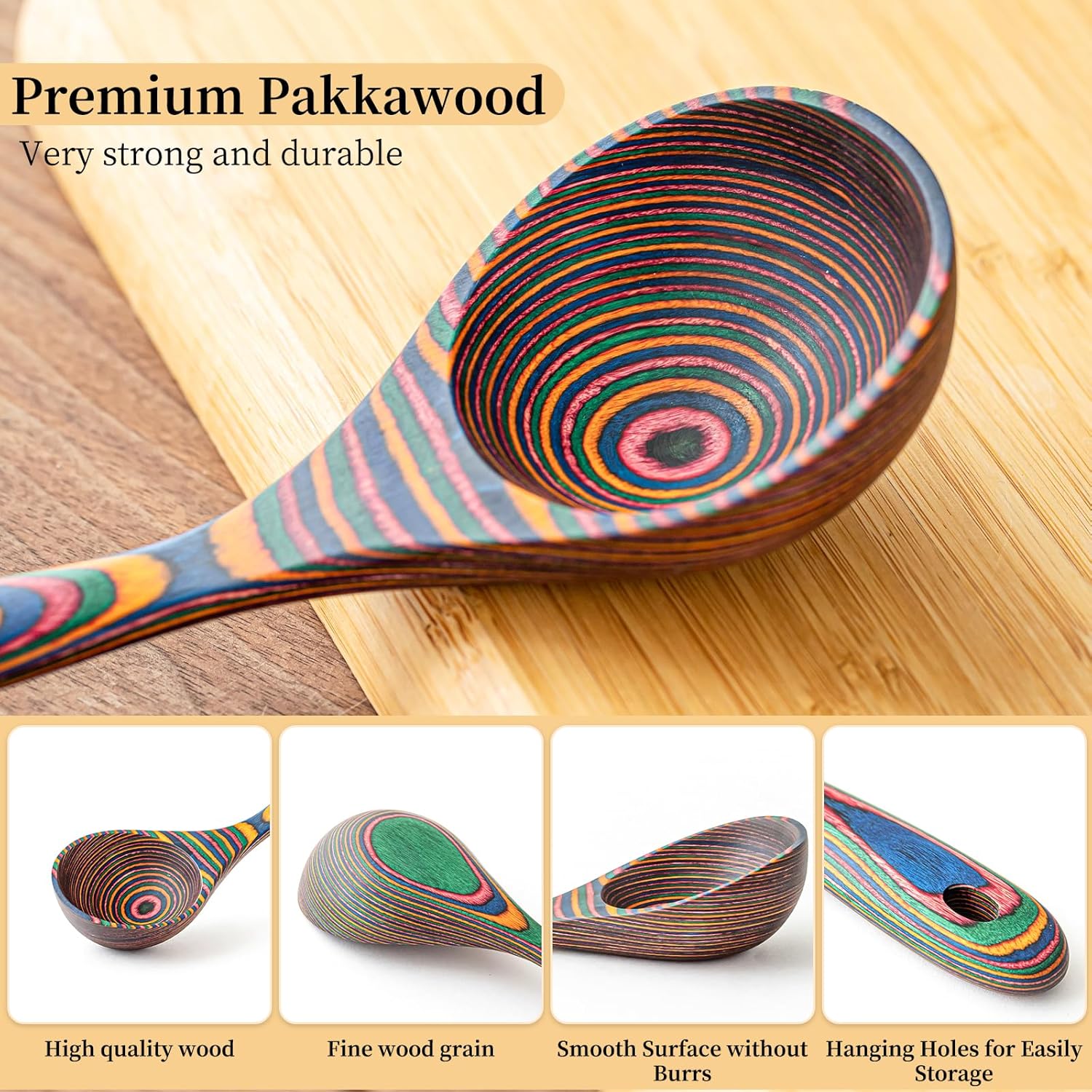 Gudamaye Pakkawood Rainbow Deep Soup Ladles,Pakkawood Ladle,10.6 inch Big Soup Ladle for Cooking,Deep Ladle Spoons,Wood Ladle, Wood Kitchen Utensils Set, Wooden Spoons for Cooking - Image 3