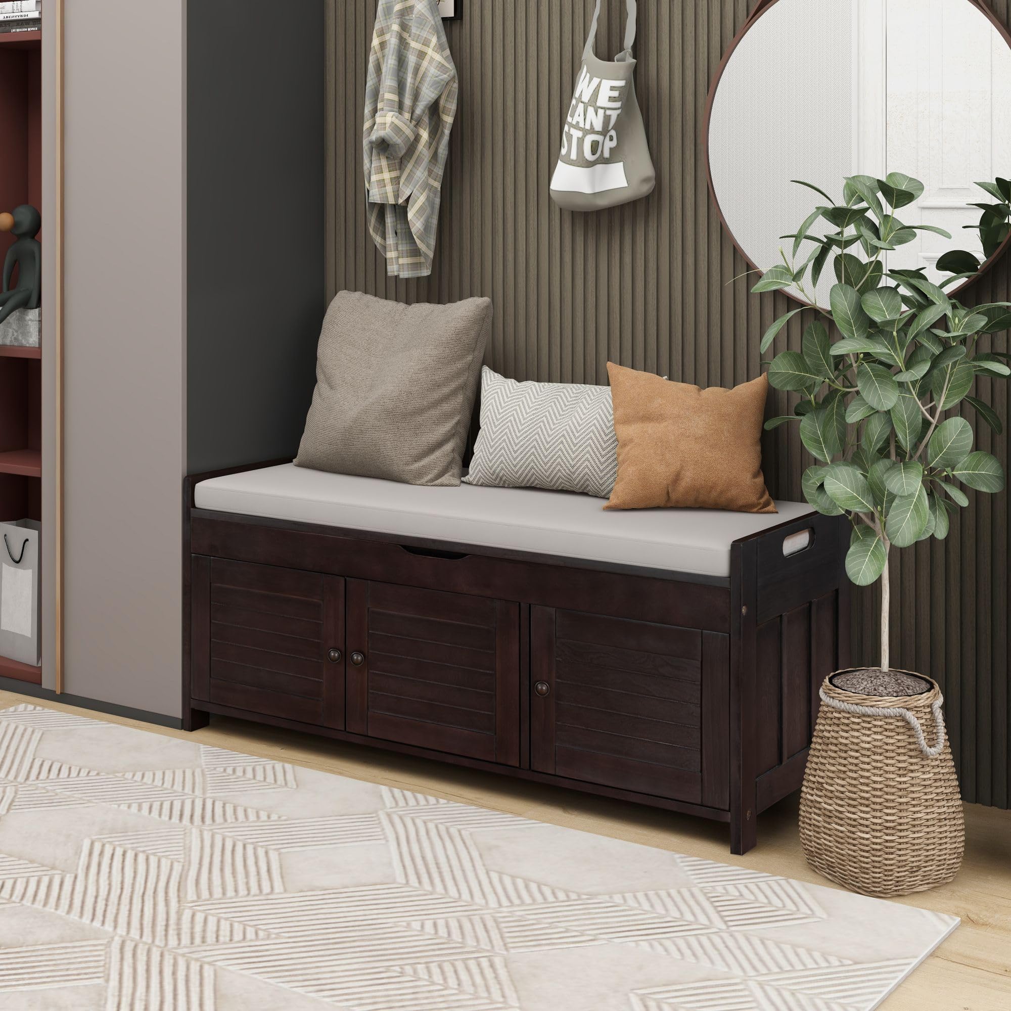 Amazon.com: SOFTSEA Storage Bench with 3 Shutter Shaped Doors, Wooden ...