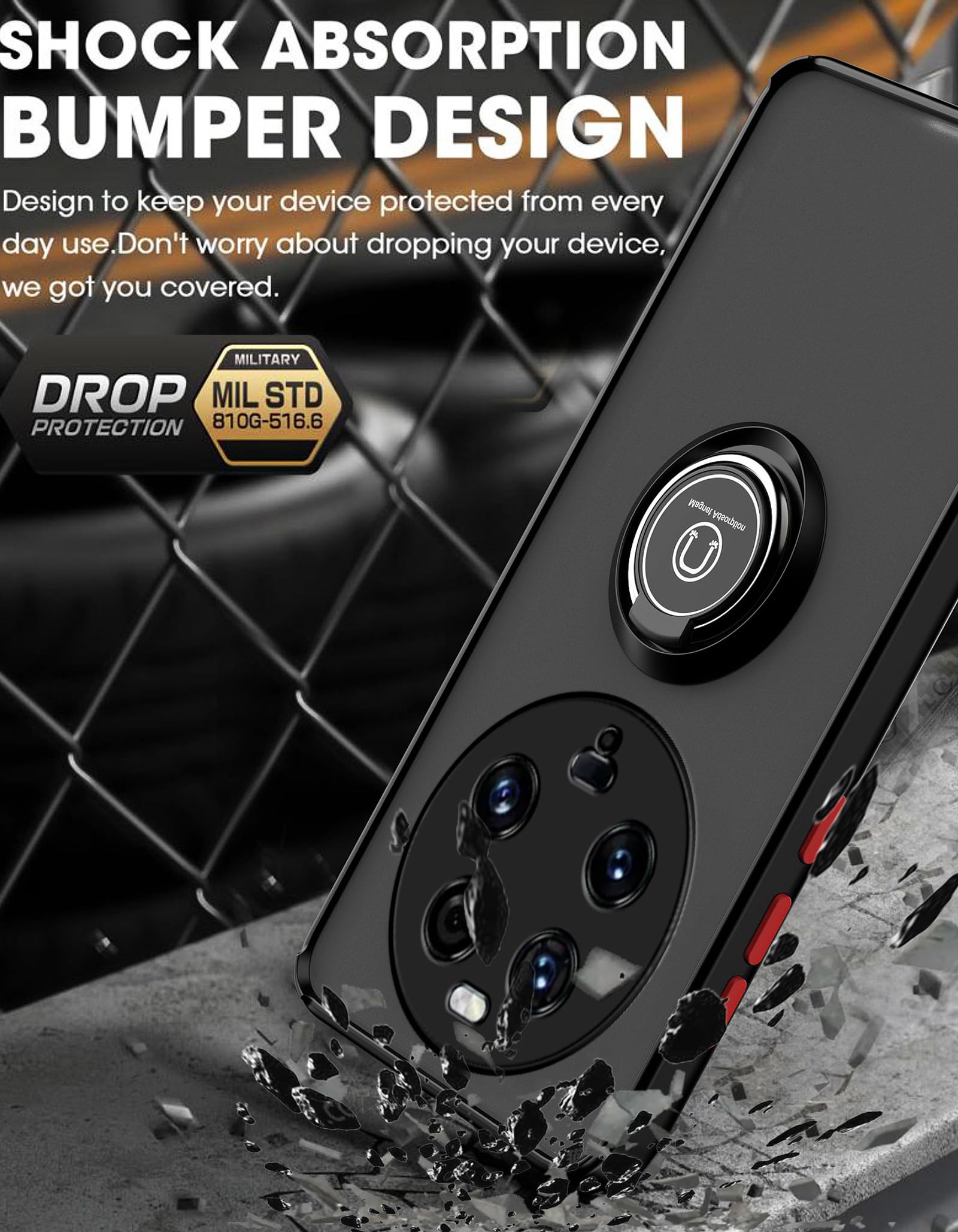 WOBURN Cover Xiaomi Mi 13 In TPU E PC Antiurto Con Anello Girevole - Traslucida E Opaca (Nero/Rosso) - 6