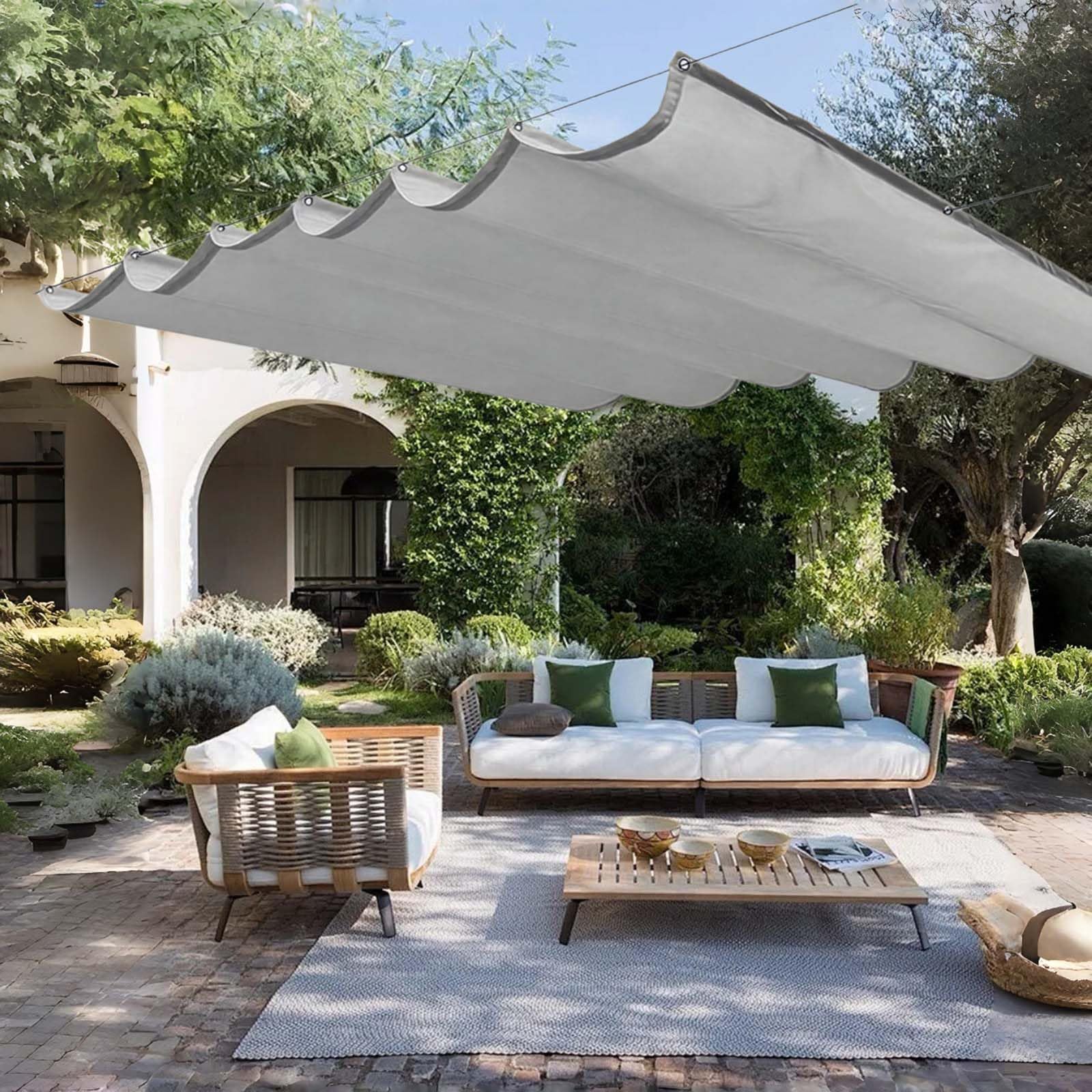 Auvent ondulé 150x355 cm gris clair avec oeillets et cordes de fixation pour ombrager le patio