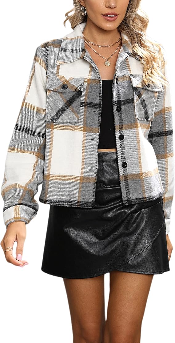 Yeokou Women's Fashion Cropped Flannel Shirt Plaid Shacket Long Sleeve Button Down Jackets Coat