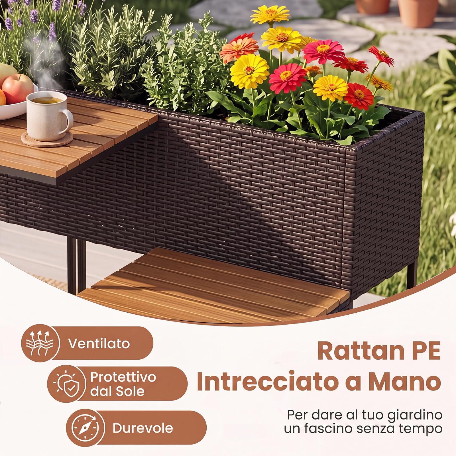 SOARS Salotto da Giardino Esterno con Tavolino, 2 Sedie, Fioriera (Marrone) | Set Mobili da Giardino in Rattan con Vano Portaoggetti e Fioriera Rialzata per Giardino, Balcone e Bordo Piscina