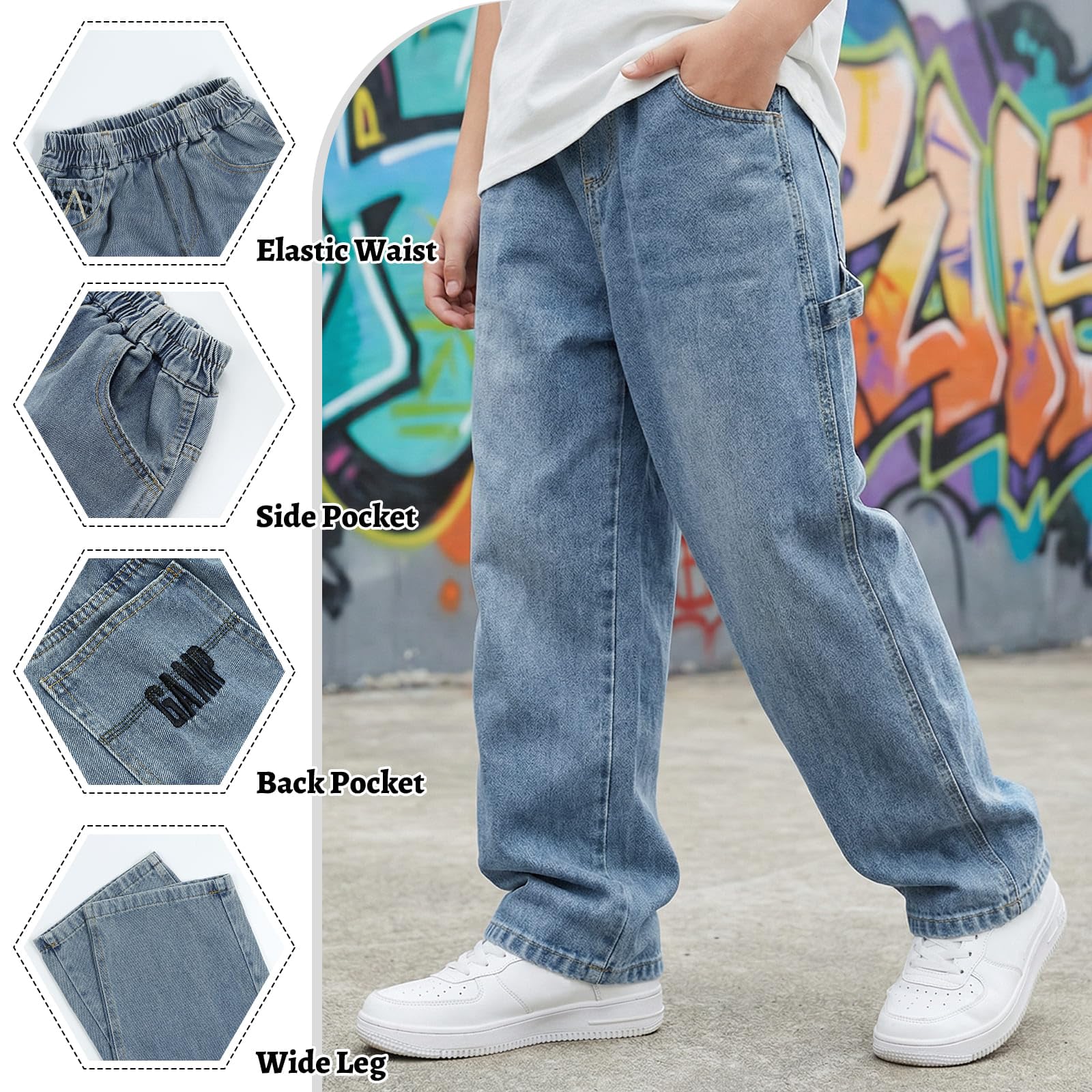 Vaqueros Baggy Jeans para Niños, Holgados Denim Pantalones con Cintura Elástica y Multi-Bolsillos Niño Largos Stretch Denim Jeans Vintage Streetwear Pants para 7-15 Años
