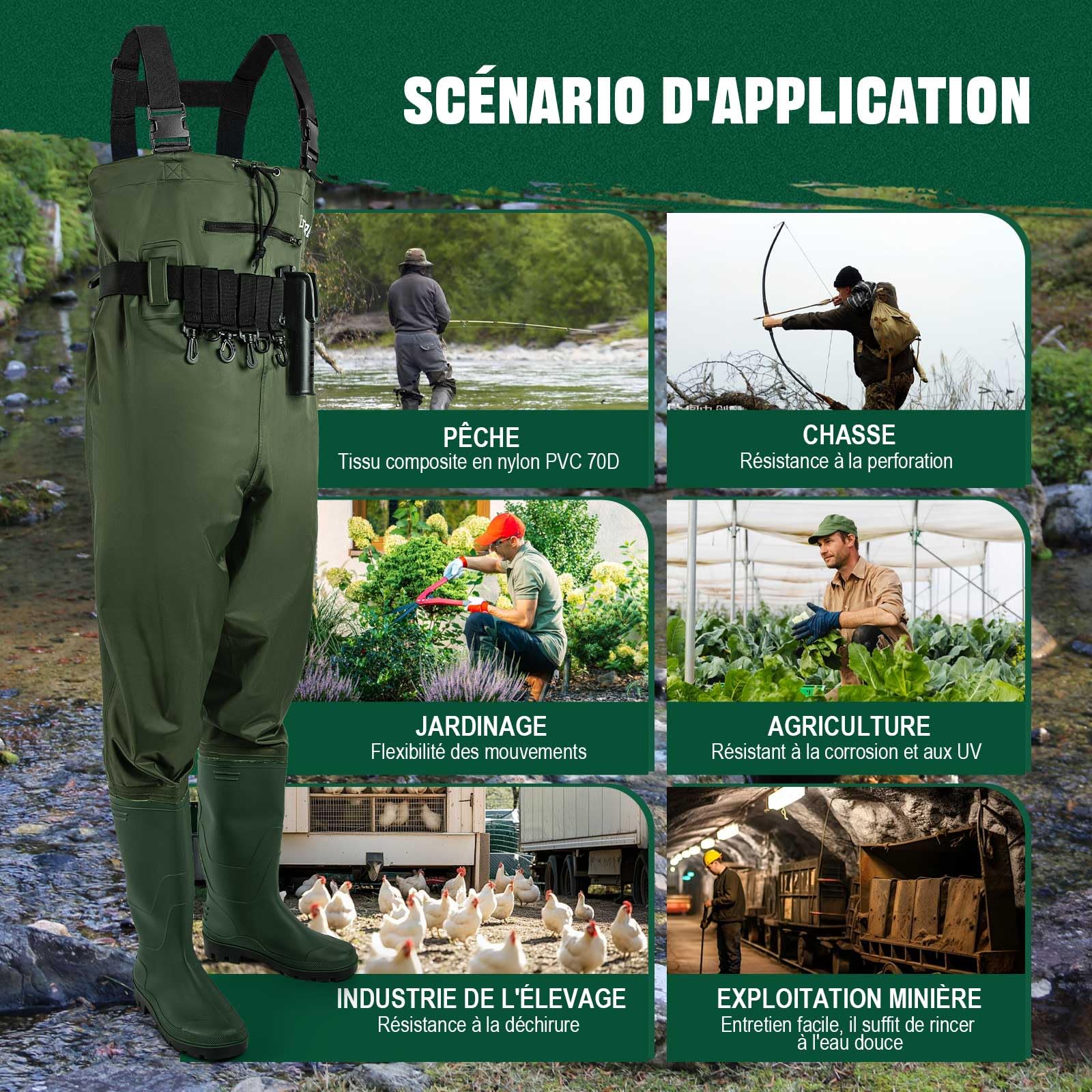 Goture Cuissardes de Waders Peche Homme Unisexe, 70D Nylon, Waders étanches pour la pêche avec Poche étanche, Chasse, Waders avec Pied de Botte, Poche étanche pour téléphone Portable, Vert