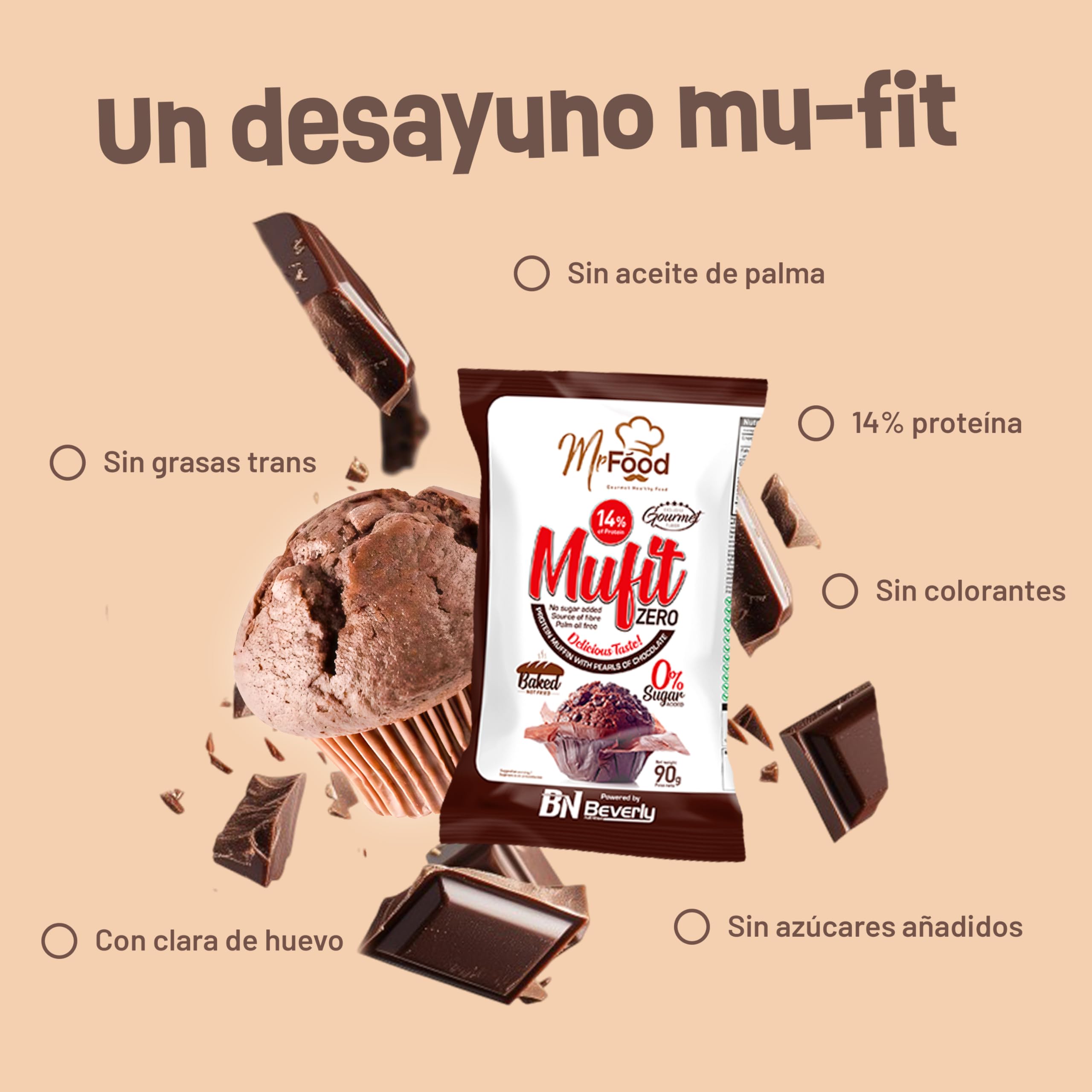 Beverly Mufit Zero 14% Proteína | 24 unidades de 45 gramos | Horneadas, sin azúcares añadidos ni aceite de palma | Fuente de proteína y fibra (CHOCOLATE)