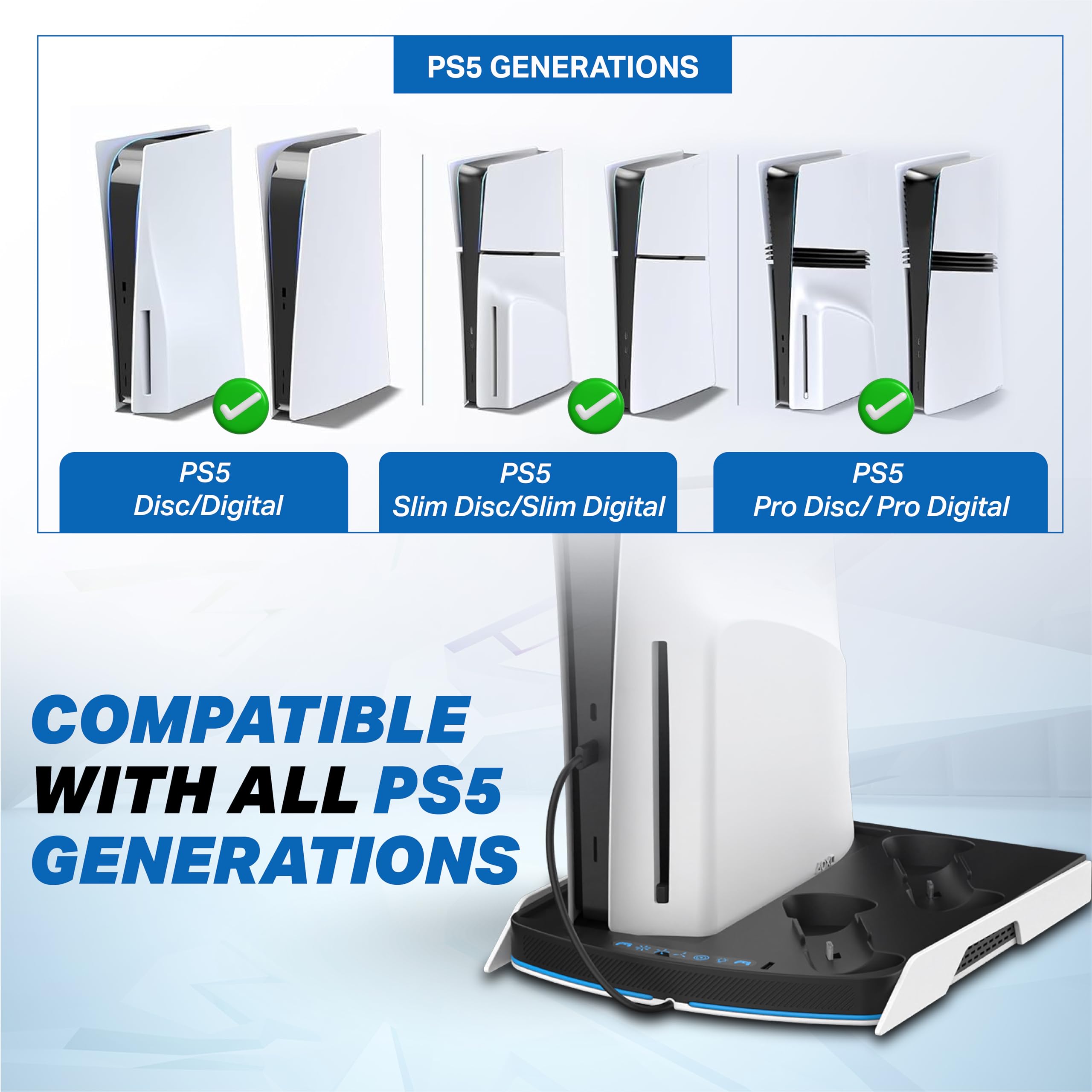 NITHO Supporto PS5 con Ventola di Raffreddamento e Doppia PS5/Edge Controller Charger, Base Verticale Multifunzione Compatibile con PS5/Pro/Slim, con Hub USB e Luci RGB - Accessori PS5