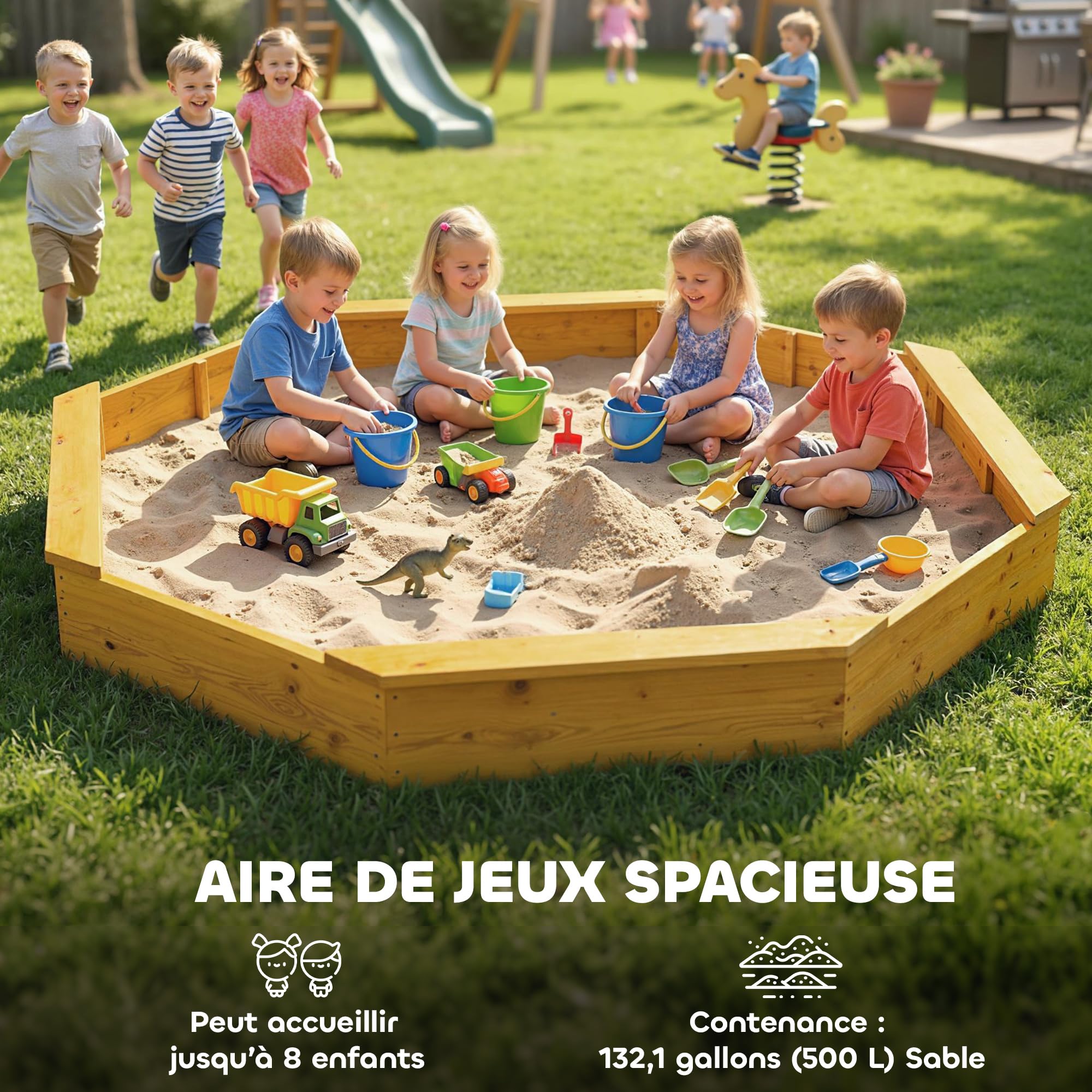 AIYAPLAY Bac à Sable en Bois avec auvent, bac à Sable Enfant extérieur avec 4 bancs, Doublure de Fond, Aire de Jeu extérieure pour 8 Enfants de 3 à 6 Ans, Jaune