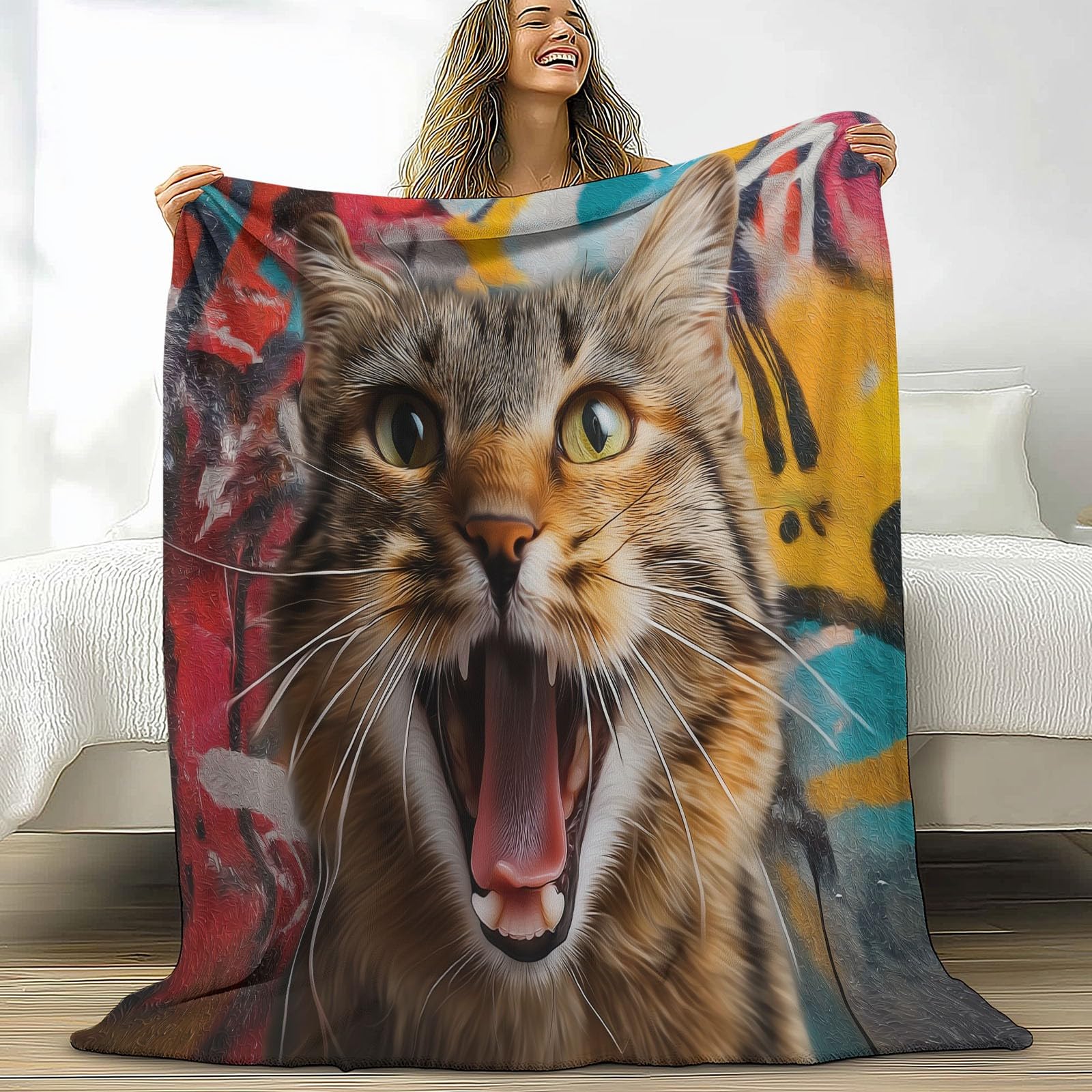 Genérico Wełniane koce flanelowe Graffiti Kot Ściana, Pluszowe Koce Extra Puszyste, Wielokolorowy Koc Sofa Lekka i Przytulna Mikrofibra/Koc Sofa Dzieci Dorośli 220 x 240 cm