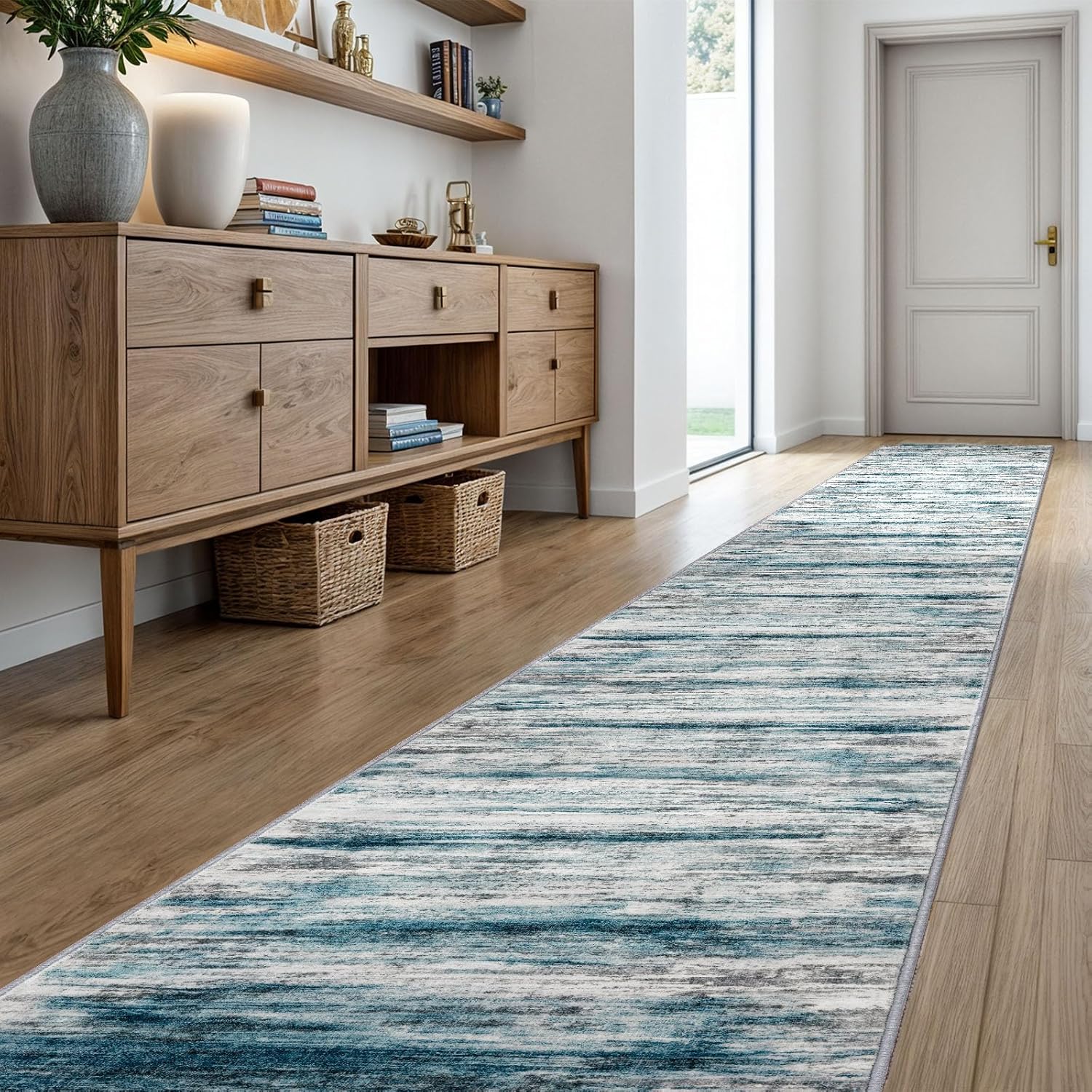 KOZYFLY Modern Abstract Hallway Runner Rug, 2.6x20 Washable Rug Runner Non-Slip Soft Striped Stair Runner Rugs, Print Blue Carpet Runner for Kitchen Entryway Bathroom Laundry Room Foyer