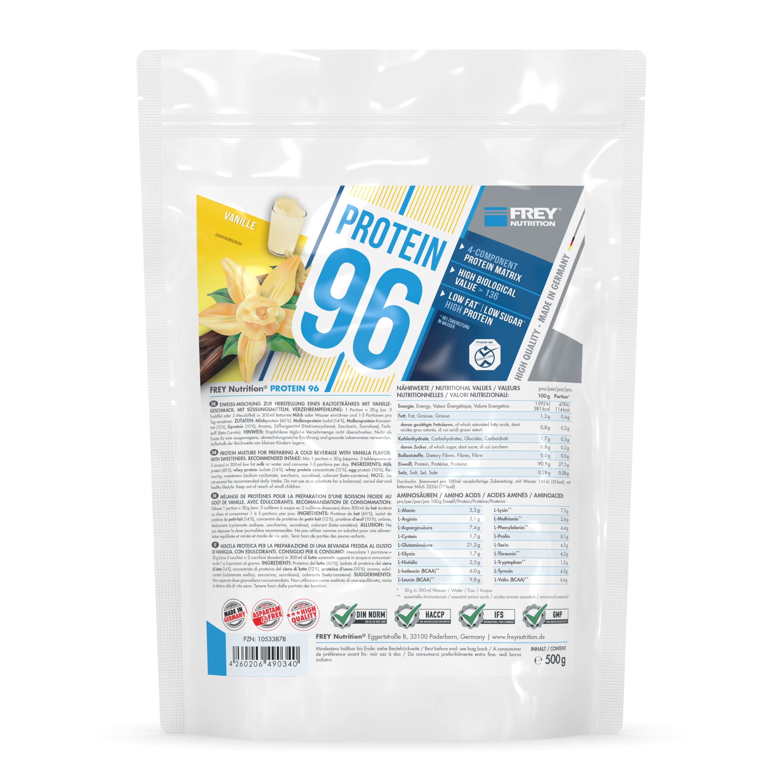 Frey Nutrition Protein 96 Vanille Zipp-Beutel, 1er Pack (1 x 500 g)