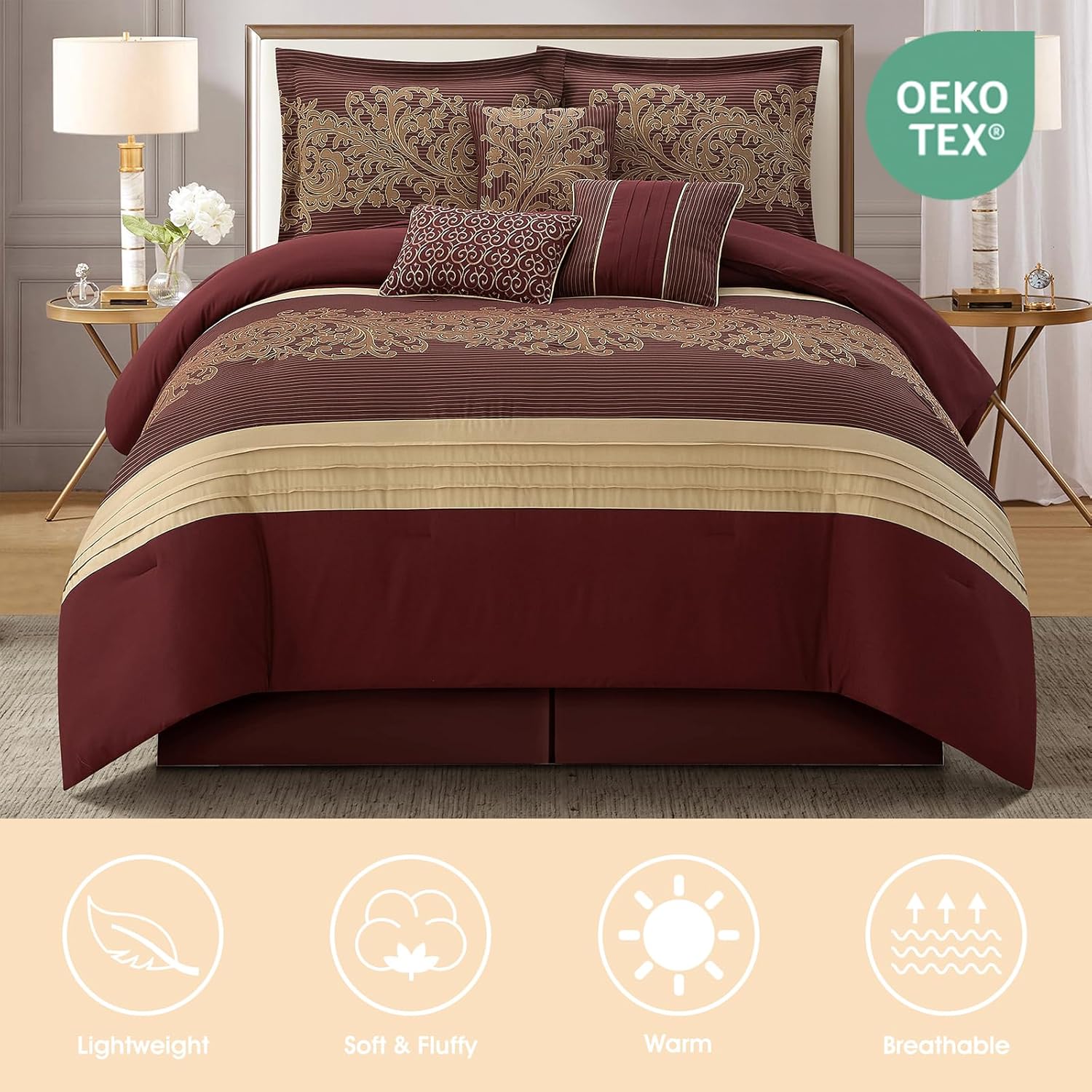 Red Gold Comforter Set, Queen, Damask Jacquard with Matching Solid Piece Work, 7 Piece Soft Bedding Set for All Season, Bed Skirt, Pillow Shams and Decorative Pillows - Image 2