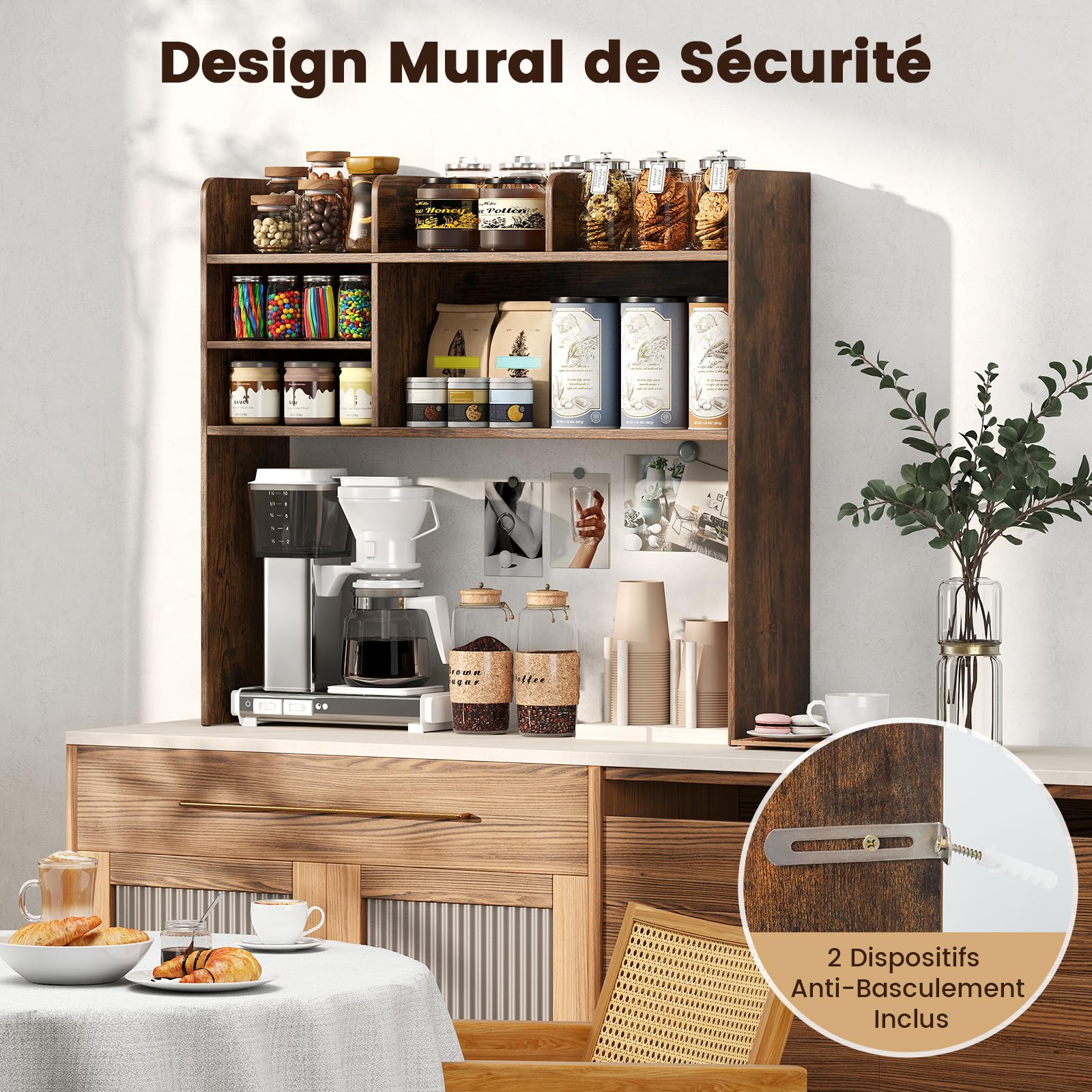 GOPLUS Etagere Bureau a Poser sur Meuble, 94 x 24 x 85 CM, Bibliothèque Bureau en Bois avec 6 Compartiments Ouvert et Ajustable, Kit Anti-Basculement, Pieds Antidérapants, Idéal pour Cuisine (Brun)