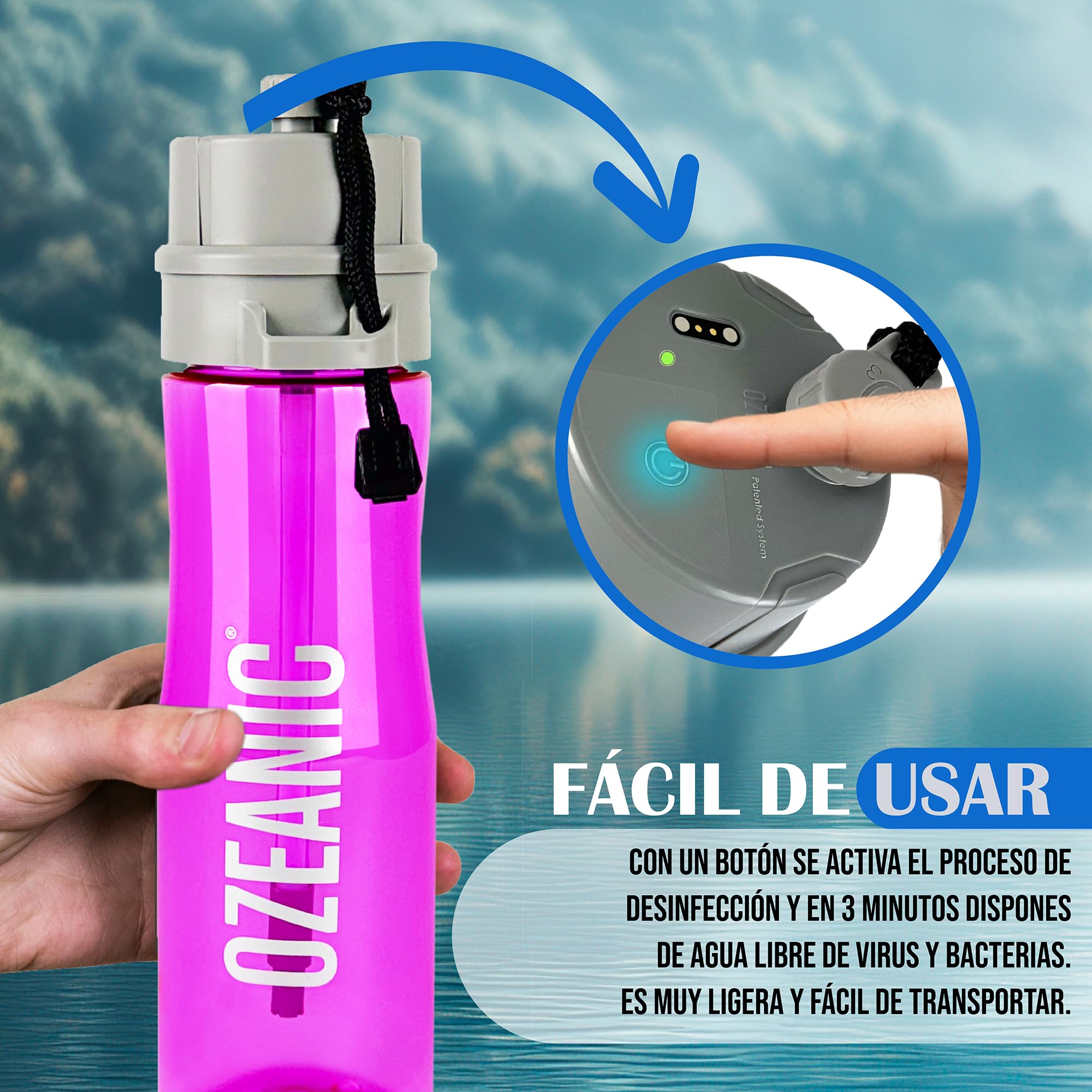 EcoBottle 2.0 750 ml Rosa – Botella Purificadora de Agua Reutilizable | Ozonizador de agua portátil | Elimina virus y bacterias | Sin filtros