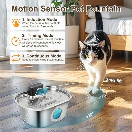 Miniatura 3 de Fuente de agua para mascotas, fuentes de agua inalámbricas de 3.2L para gatos en interiores, fuente de agua de acero inoxidable para gatos,