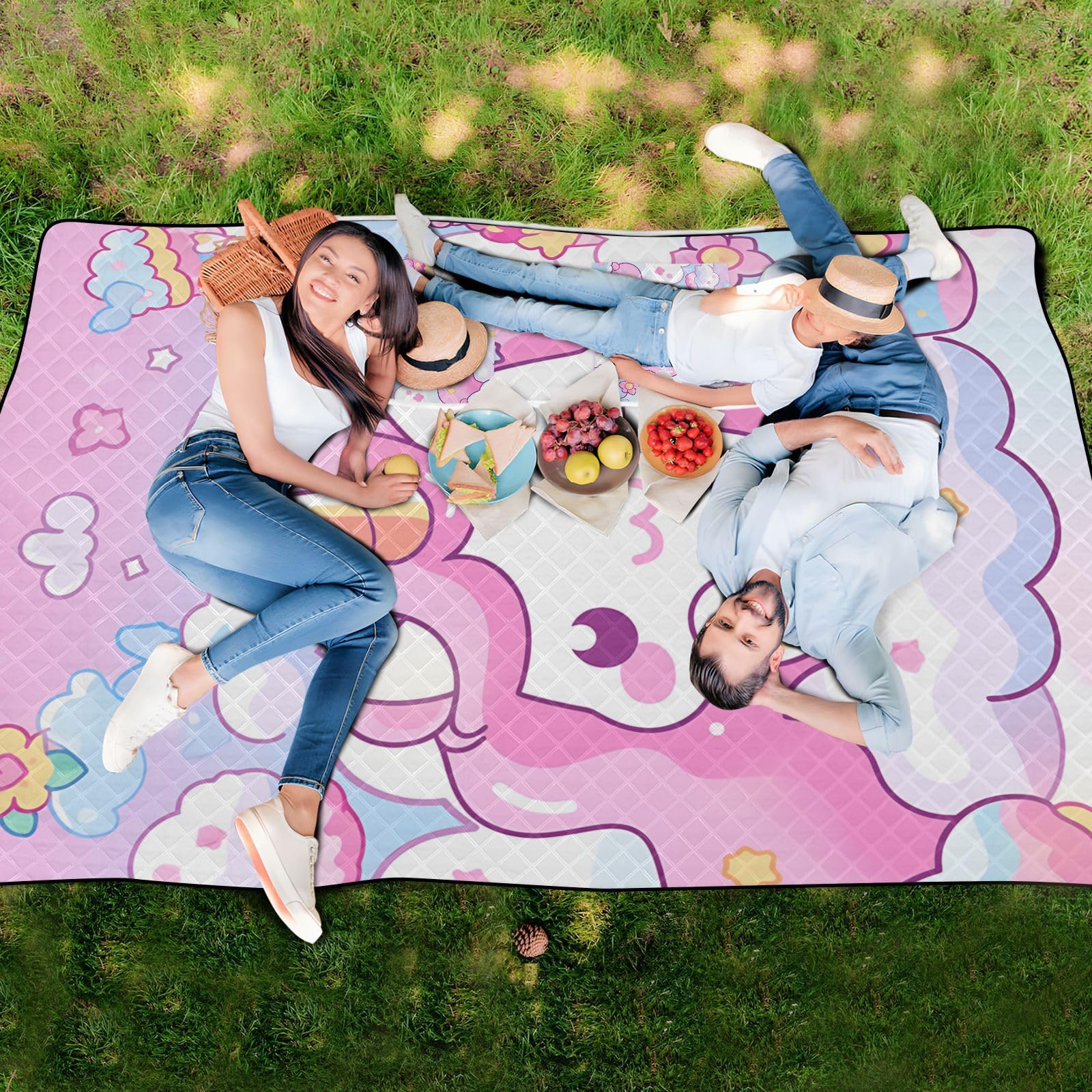 Mata piknikowa składana piknikowa mata podłogowa kempingowa 202 cm x 385 cm dla kobiet na zewnątrz koc koncertowy, jednorożce różowy niebieski