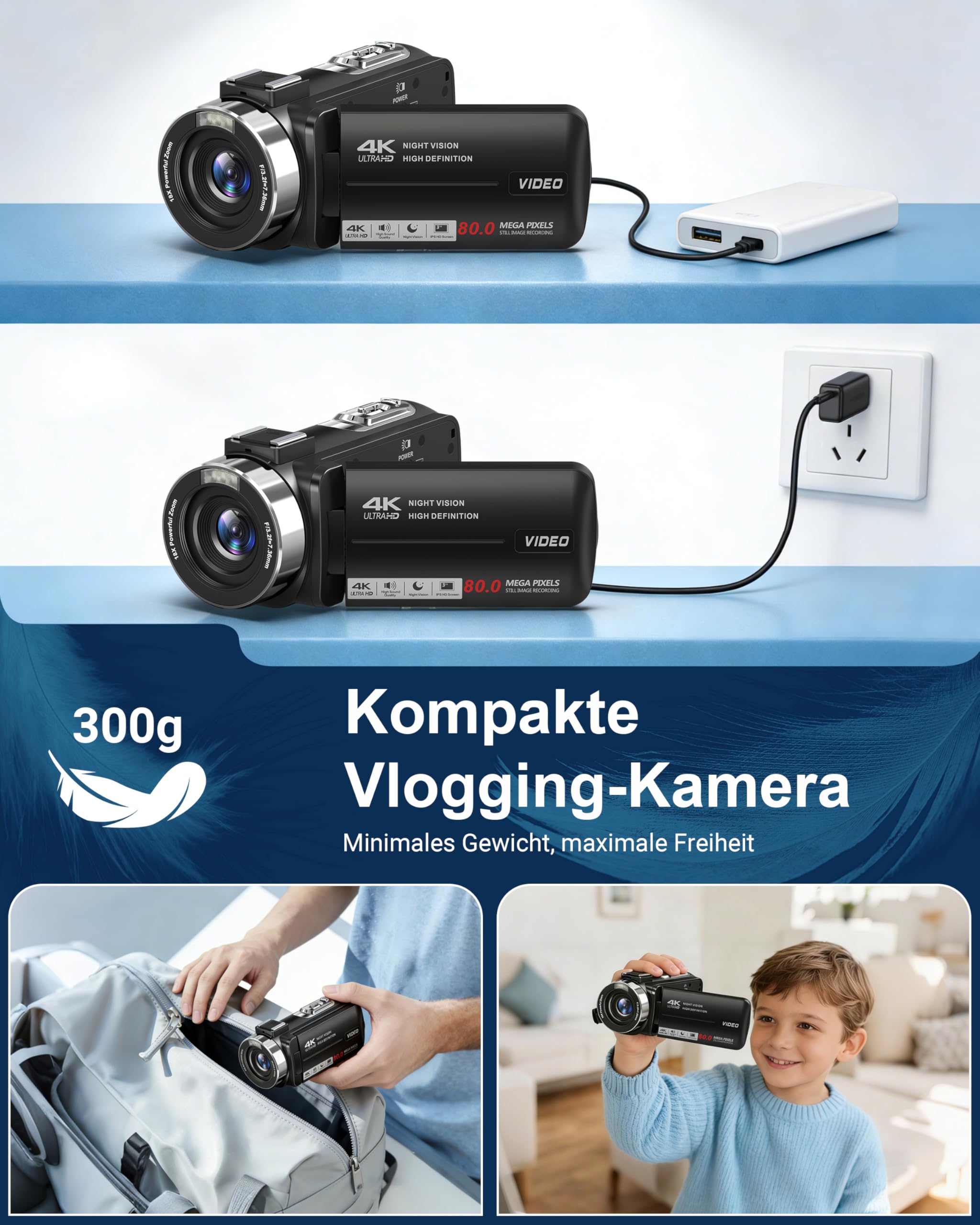 4K 80MP Camcorder mit IR Nachtsicht, 18X Digitalzoom, 3,0-Zoll IPS Screen, Vlogging Camera für YouTube mit 2 Akkus, 32GB-SD-Karte
