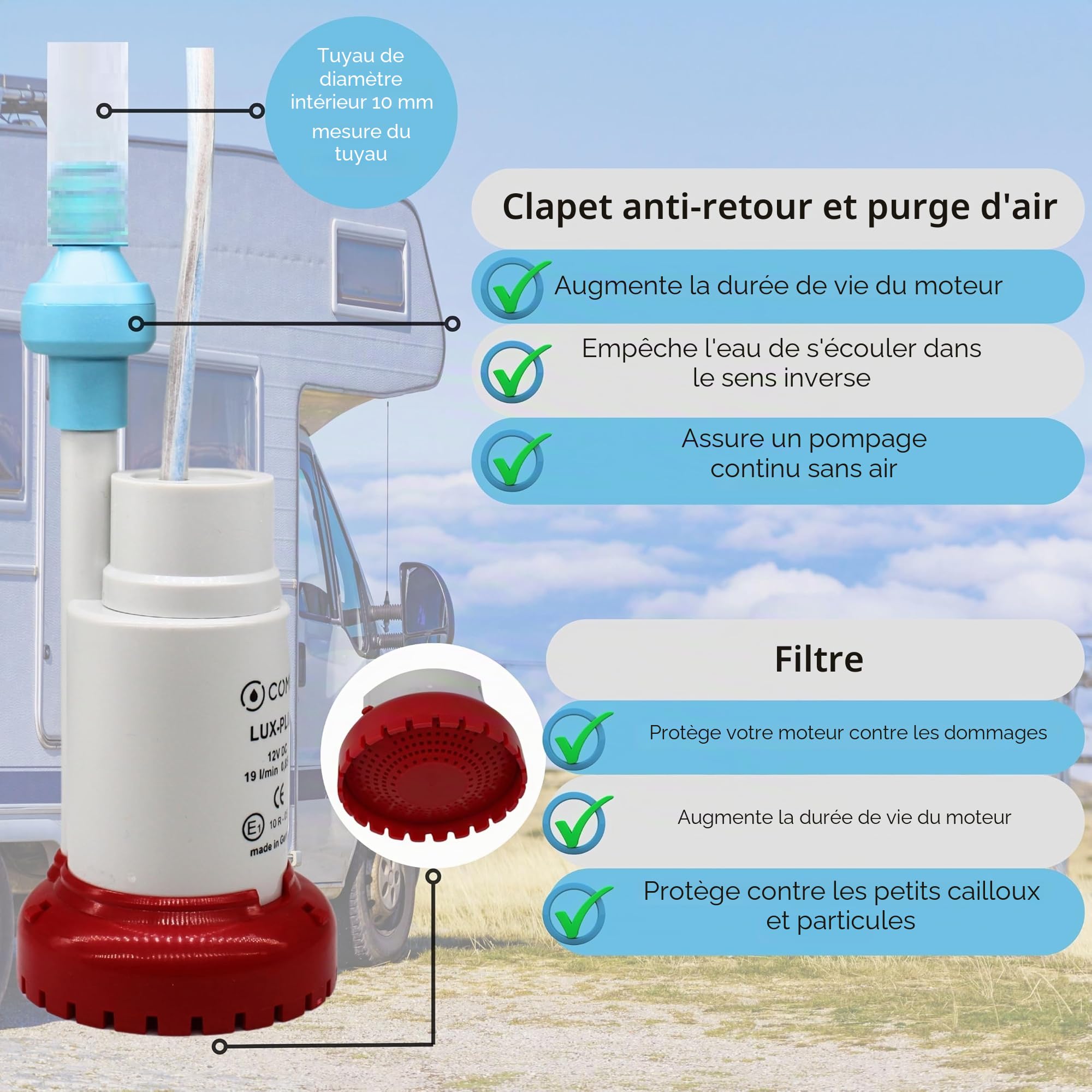 Carbest LuxPlus Pompe à eau 12 V avec clapet anti-retour et filtre, Camping Ebook – 19 l/m, 0,85 bar, blanc/rouge, plastique, design mini pompe de transfert