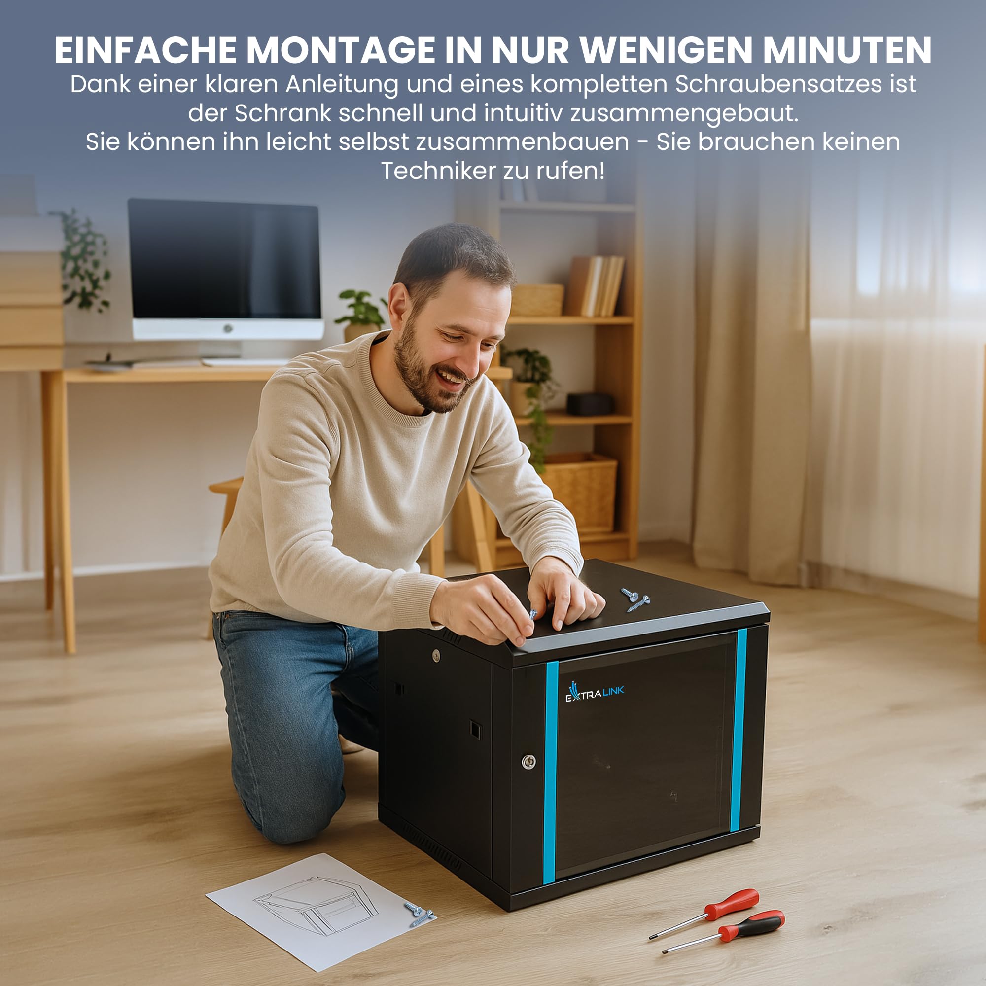 Extralink Serverschrank 19 Zoll 9HE – Netzwerkschrank 450mm Tiefe zur Wand- oder Standmontage, Traglast 60 kg, gehärtete Glastür, abschließbar 180° Öffnung, schwarz – für Heimnetzwerk & IT-Geräte