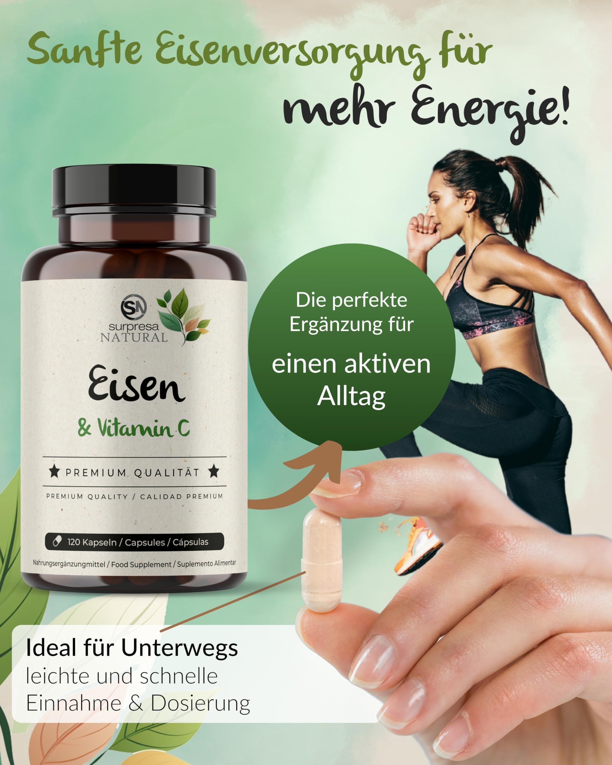 Eisen Vitamin C Kapseln I 5 x 120 Stück I Eisen-Supplement mit 14mg natürlichem Eisen & 80mg Vitamin C I Vorrat für 20 Monate I Eisen-Kapseln hochdosiert I 100% vegan & natürlich