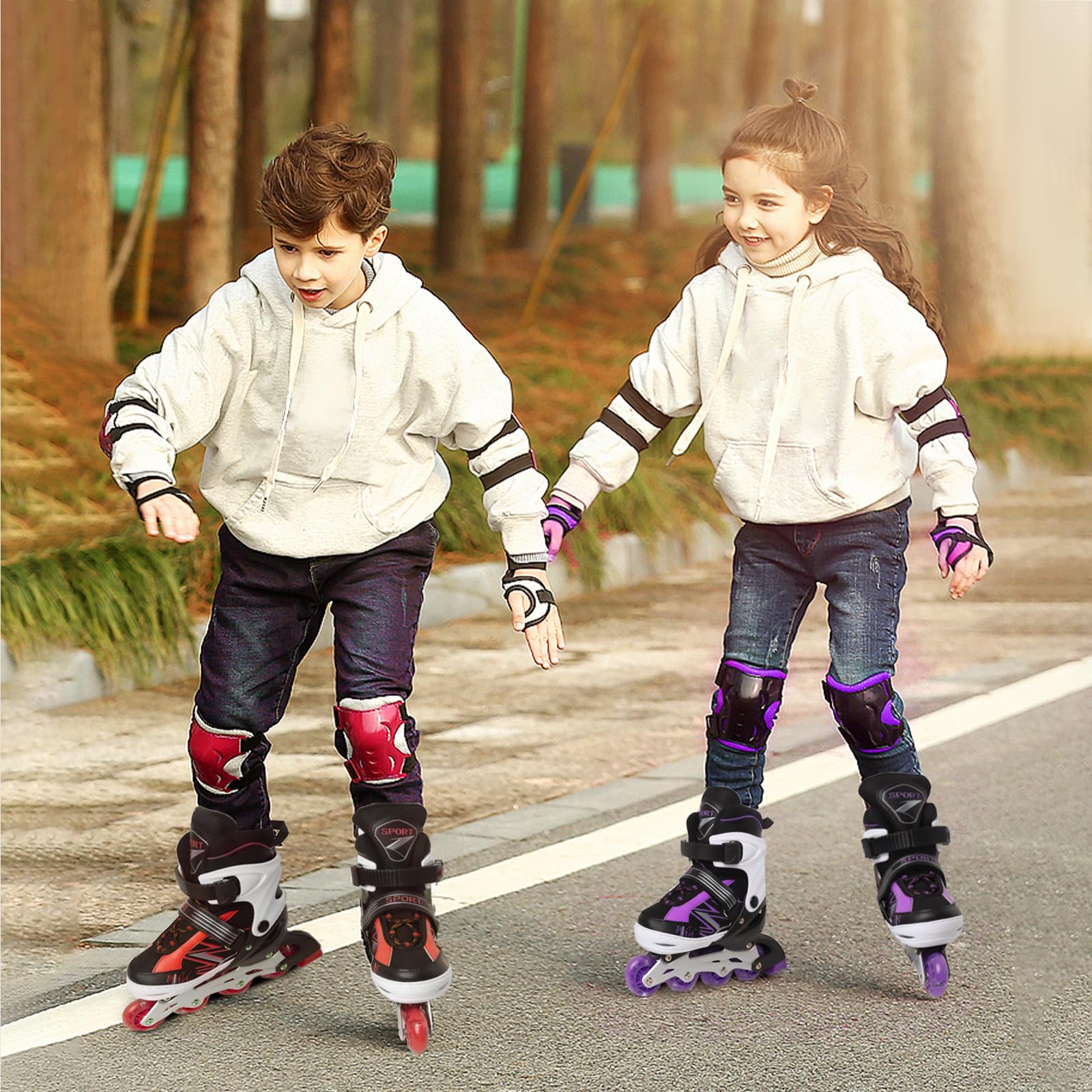 Pattini in linea regolabili per bambini ragazze ragazzi principianti, Pattini a rotelle rosso e viola per bambino e adolescente per lo sport
